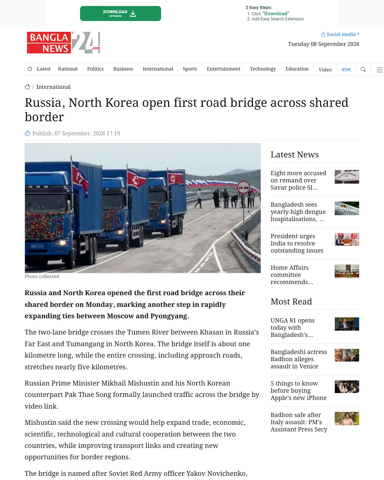 en.banglanews24.com as published: Russia, North Korea open first road bridge across shared border