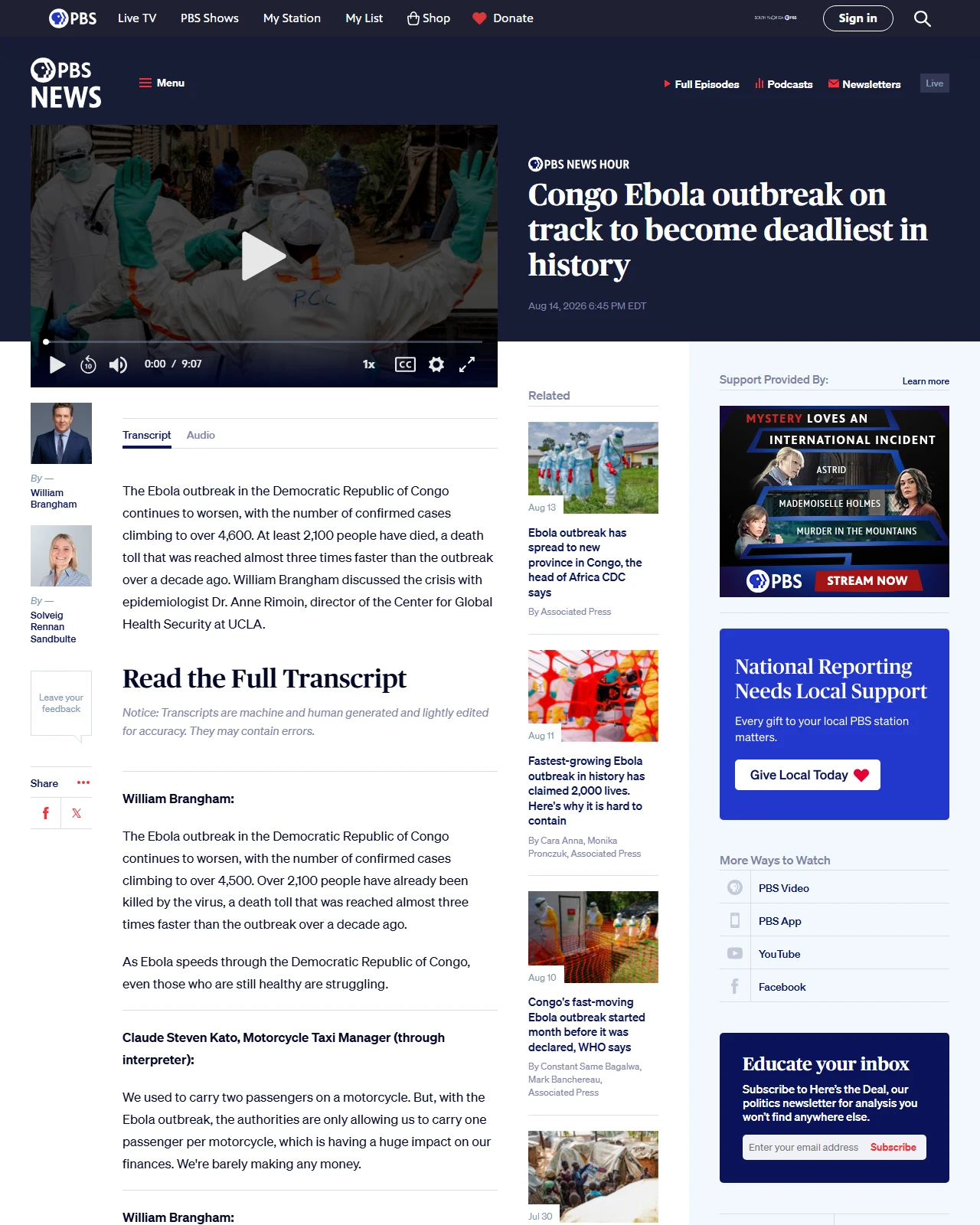 pbs.org as published: Congo Ebola outbreak on track to become deadliest in history
