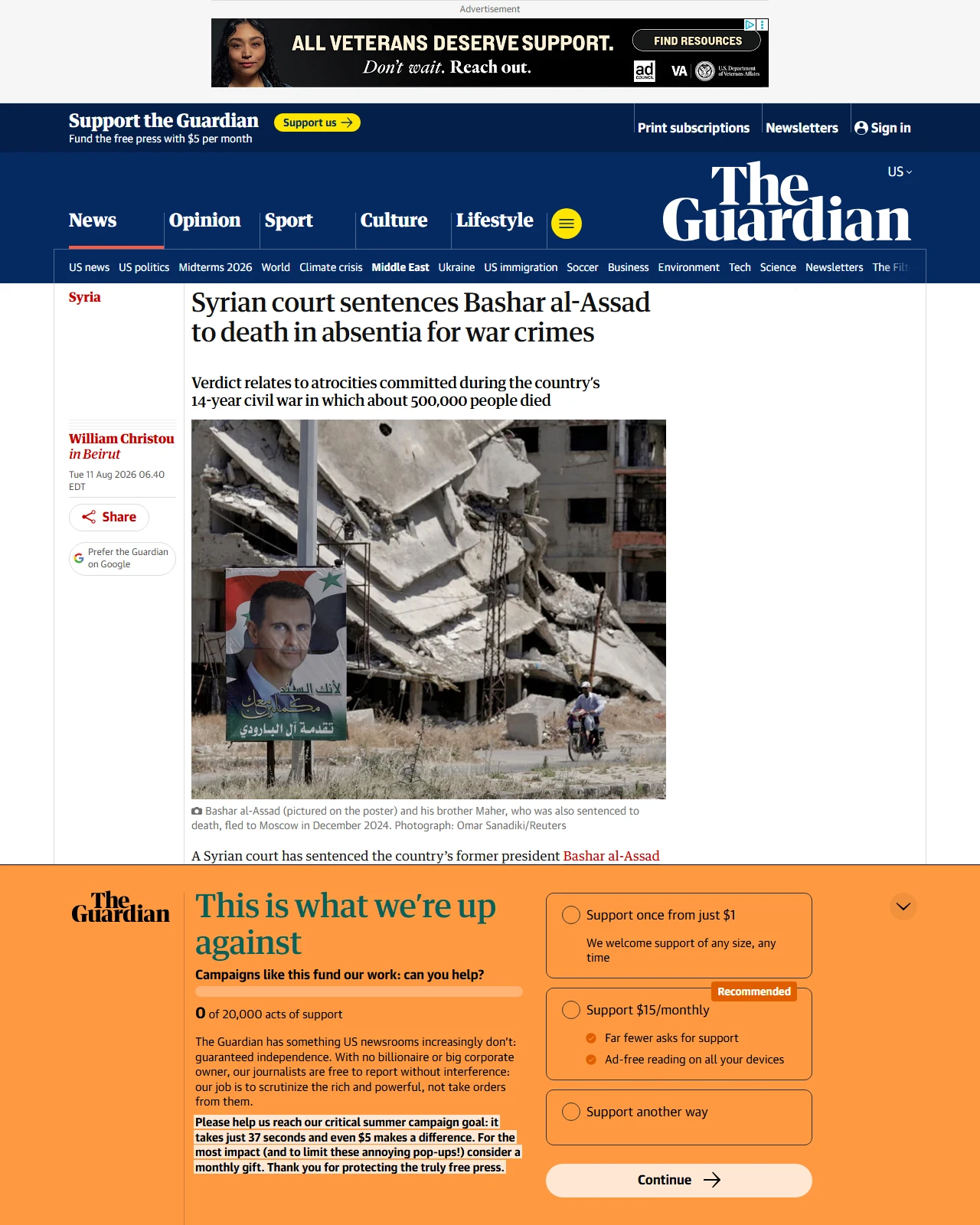 theguardian.com as published: Syrian court sentences Bashar al-Assad to death in absentia for war crimes