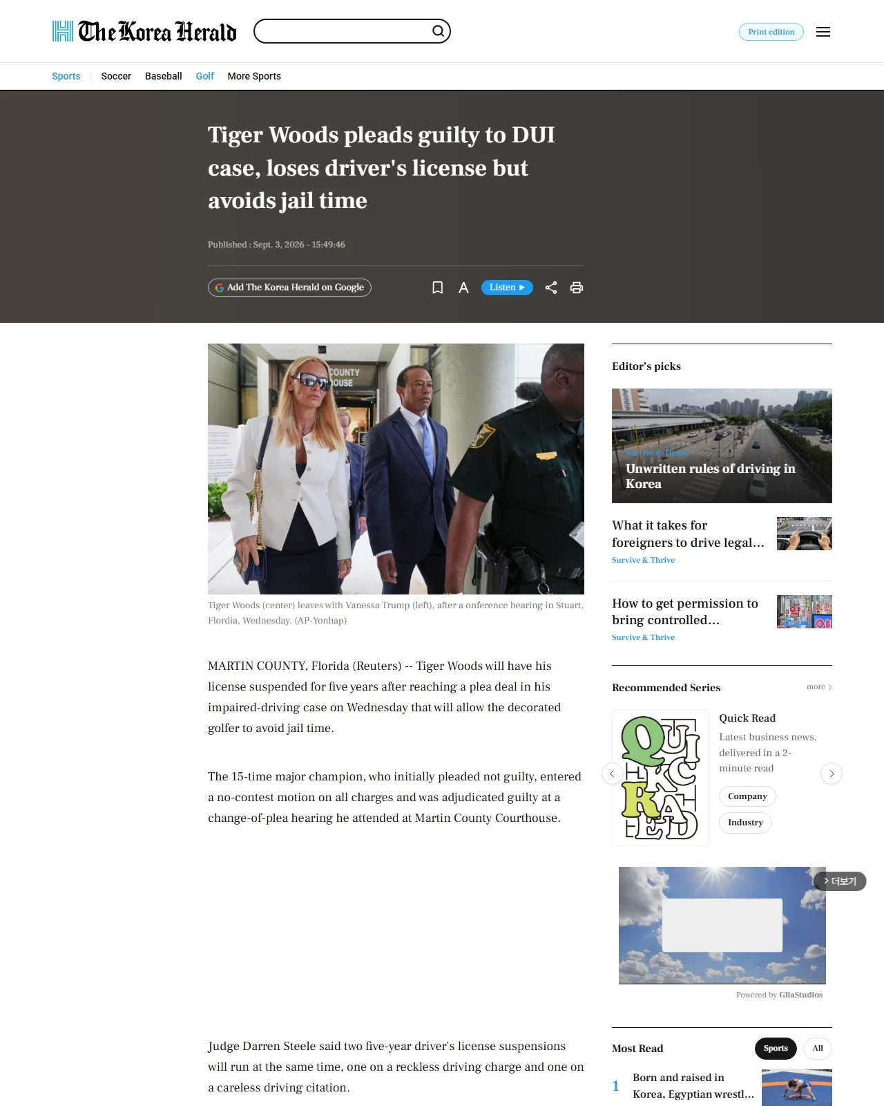 koreaherald.com as published: Tiger Woods pleads guilty to DUI case, loses driver's license but avoids jail time