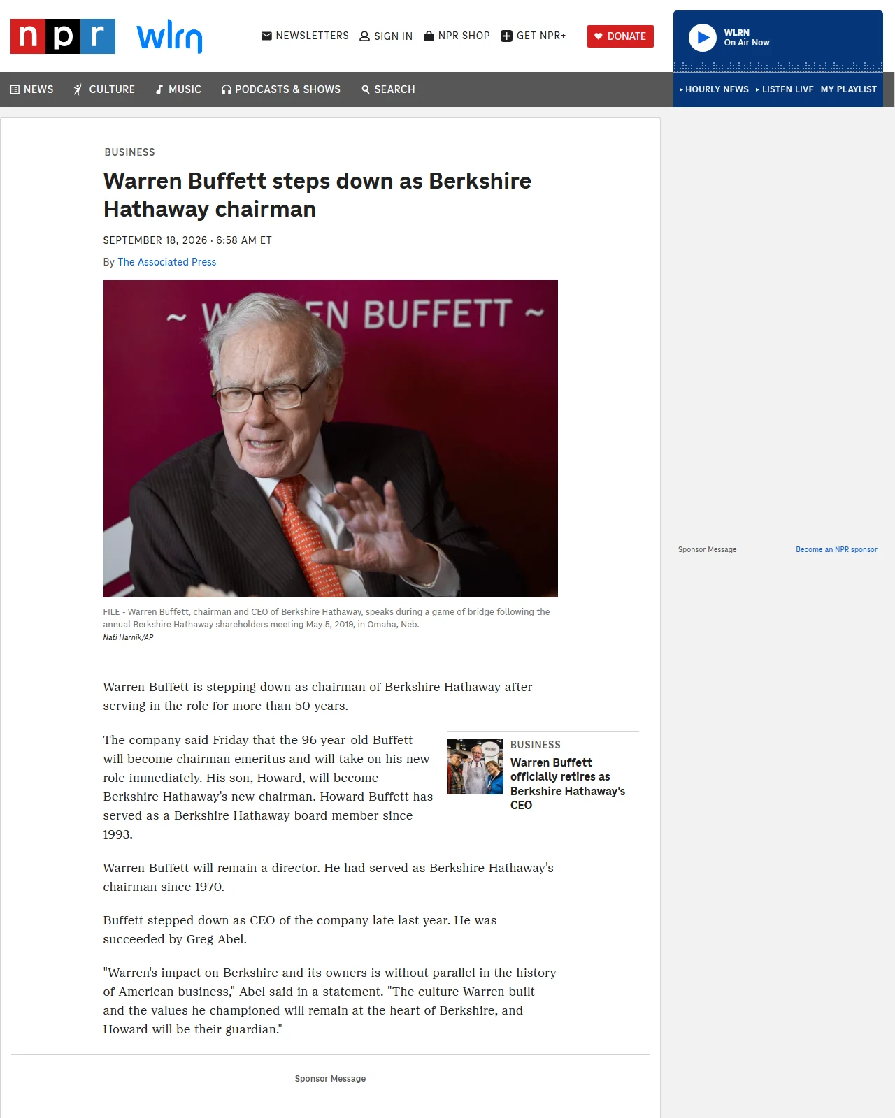 npr.org as published: Warren Buffett steps down as Berkshire Hathaway chairman