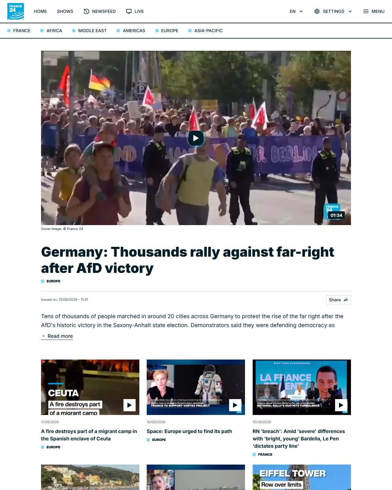 france24.com as published: Germany: Thousands rally against far-right after AfD victory