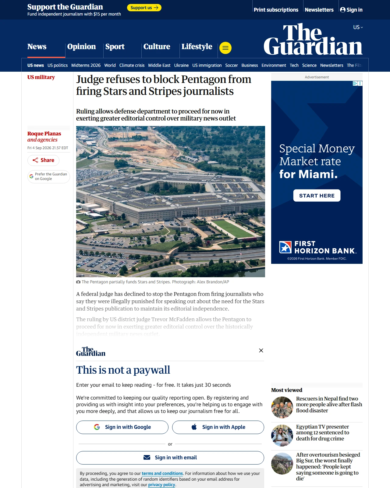 theguardian.com as published: Judge refuses to block Pentagon from firing Stars and Stripes journalists