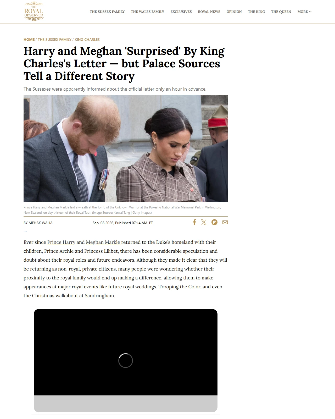 theroyalobserver.com as published: Harry and Meghan 'Surprised' By King Charles's Letter — but Palace Sources Tell a Different Story