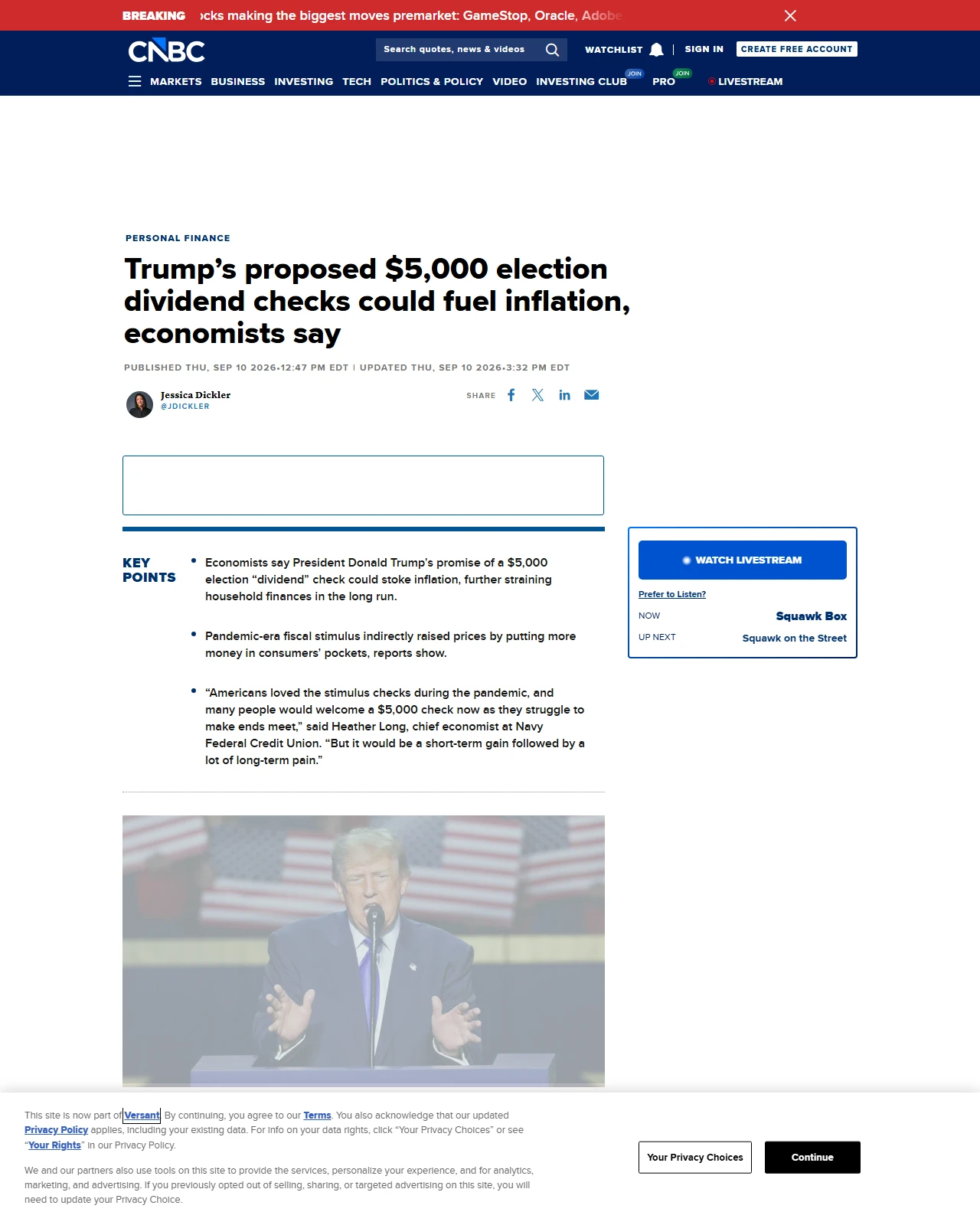 cnbc.com as published: Trump’s proposed $5,000 election dividend checks could fuel inflation, economists say