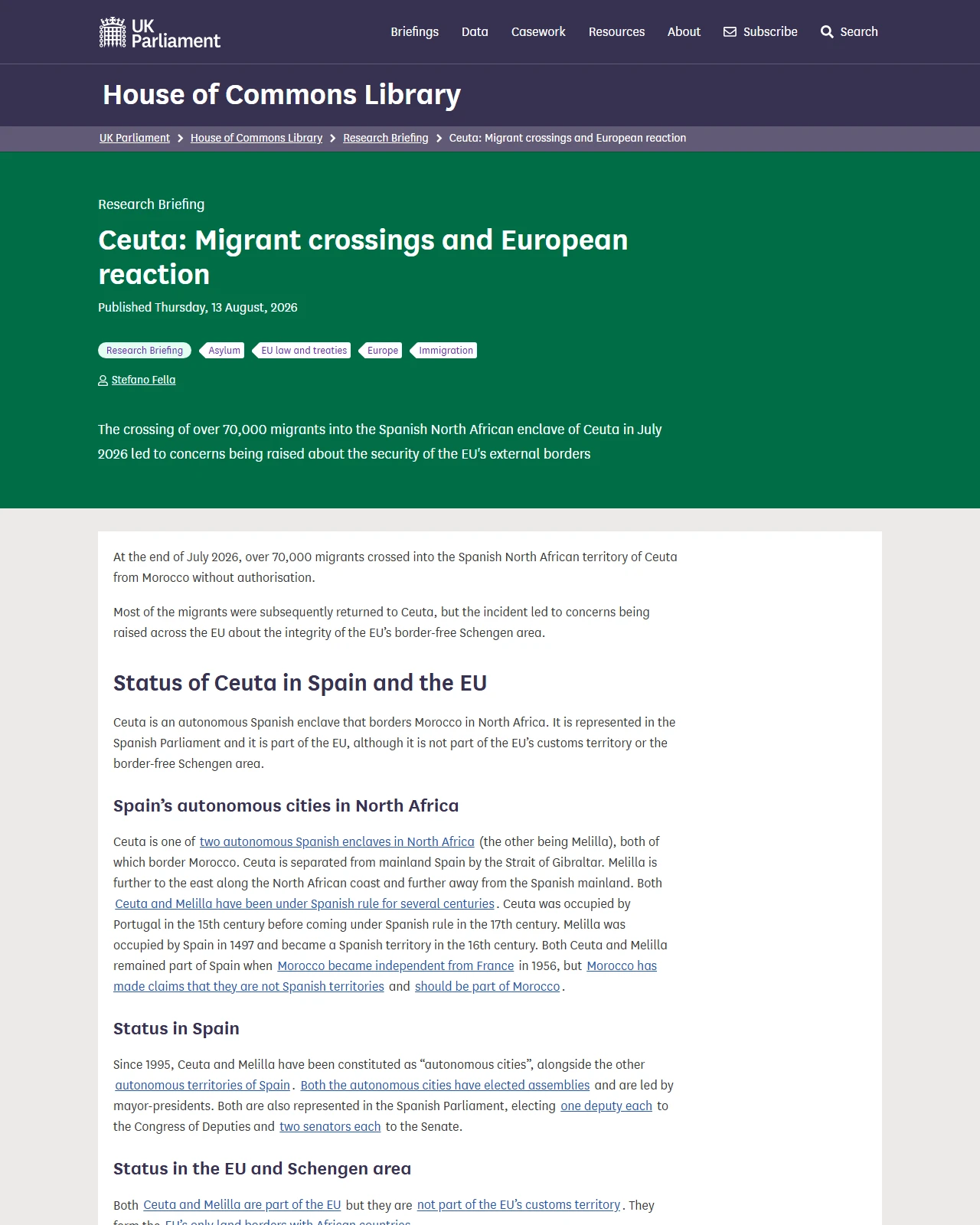 commonslibrary.parliament.uk as published: Ceuta: Migrant crossings and European reaction