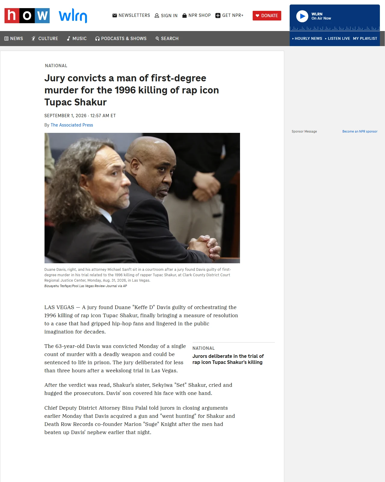 npr.org as published: Jury convicts a man of first-degree murder for the 1996 killing of rap icon Tupac Shakur
