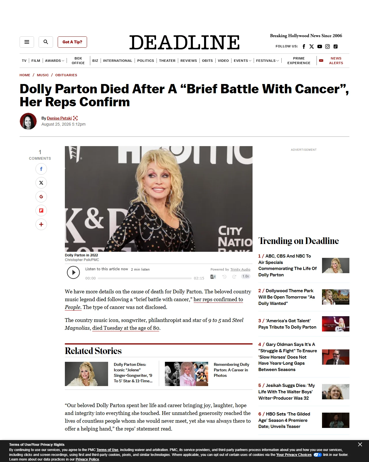 deadline.com as published: Dolly Parton Cause Of Death Revealed