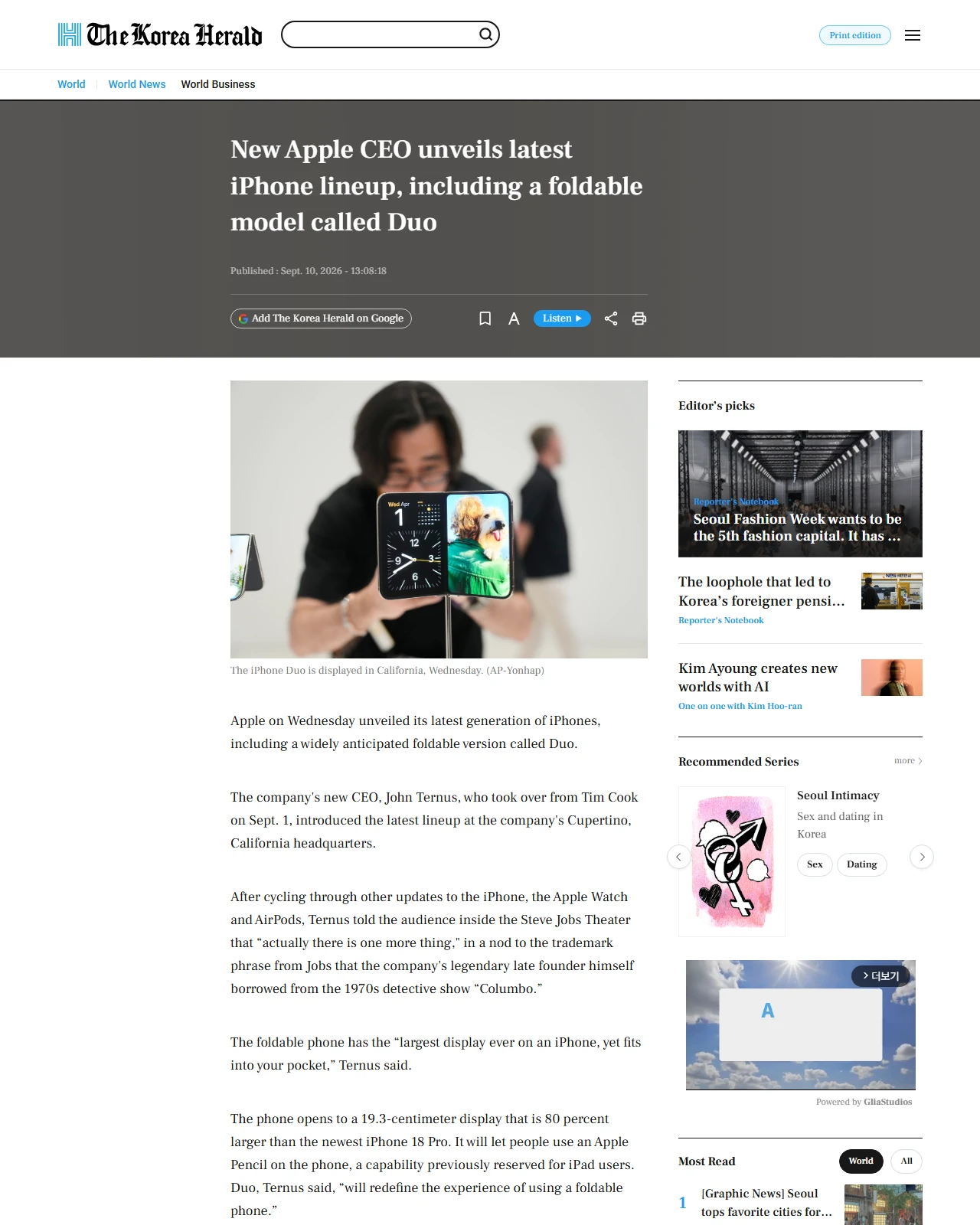 koreaherald.com as published: New Apple CEO unveils latest iPhone lineup, including a foldable model called Duo