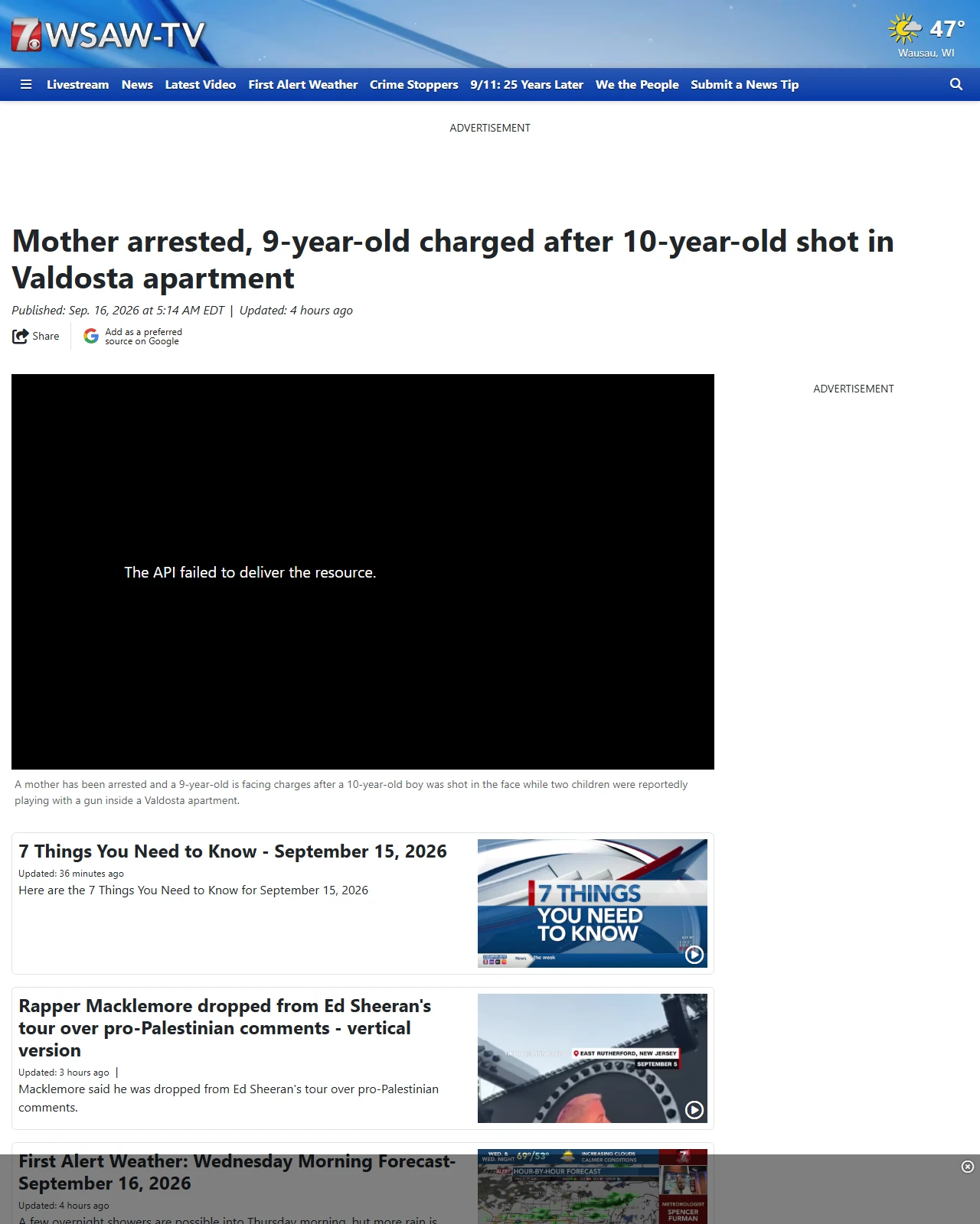 wsaw.com as published: Mother arrested, 9-year-old charged after 10-year-old shot in Valdosta apartment