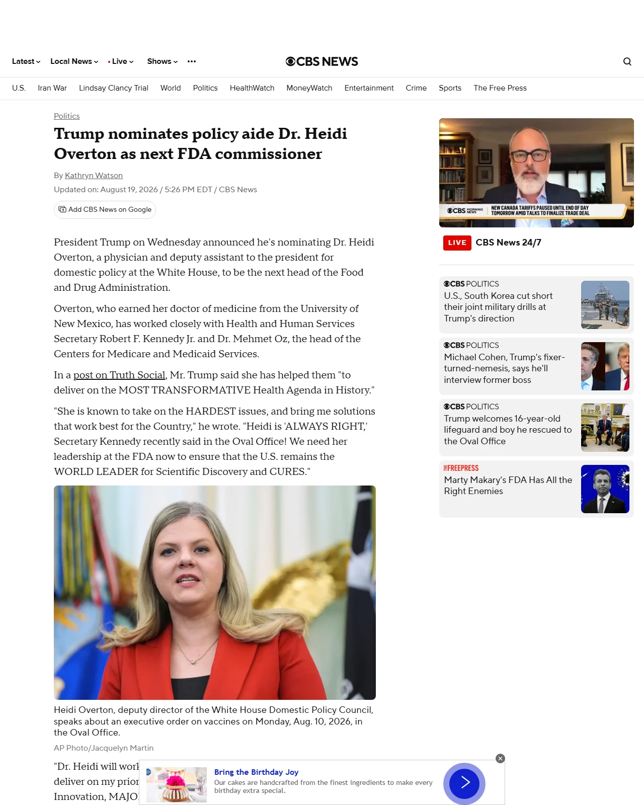 cbsnews.com as published: Trump nominates policy aide Dr. Heidi Overton as next FDA commissioner