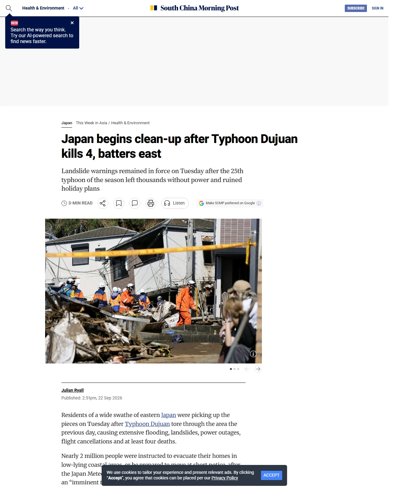 scmp.com as published: Japan begins clean-up after Typhoon Dujuan kills 4, batters east