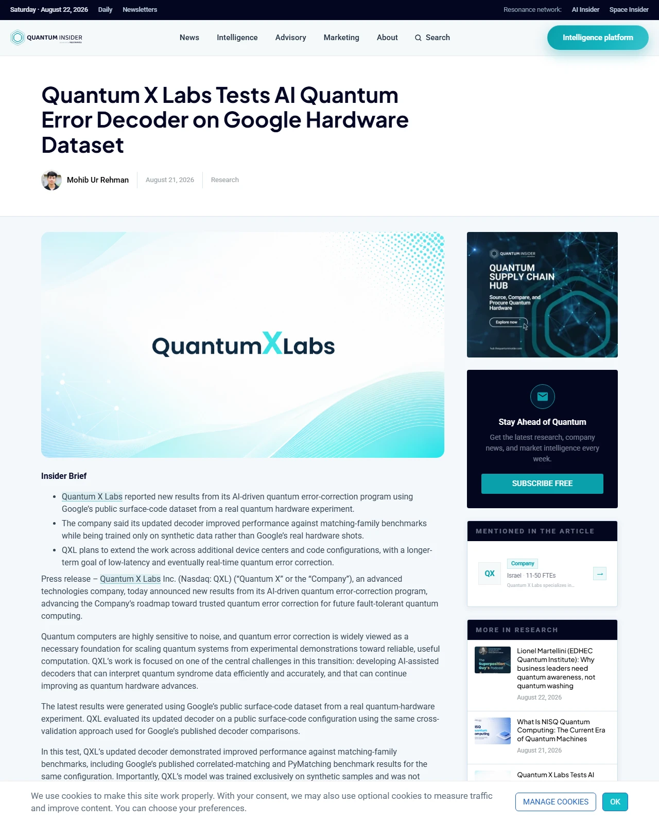 thequantuminsider.com as published: Quantum X Labs Tests AI Quantum Error Decoder on Google Hardware Dataset