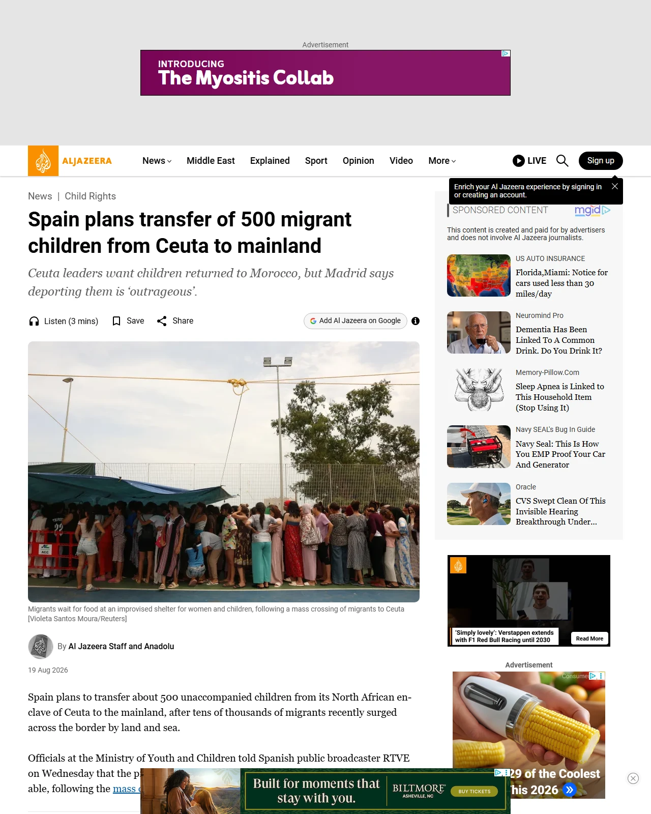 aljazeera.com as published: Spain plans transfer of 500 migrant children from Ceuta to mainland