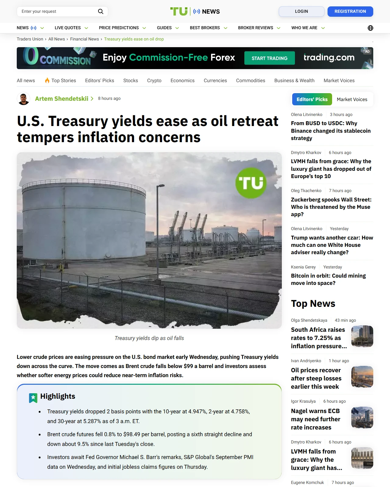 tradersunion.com as published: U.S. Treasury yields ease as oil retreat tempers inflation concerns