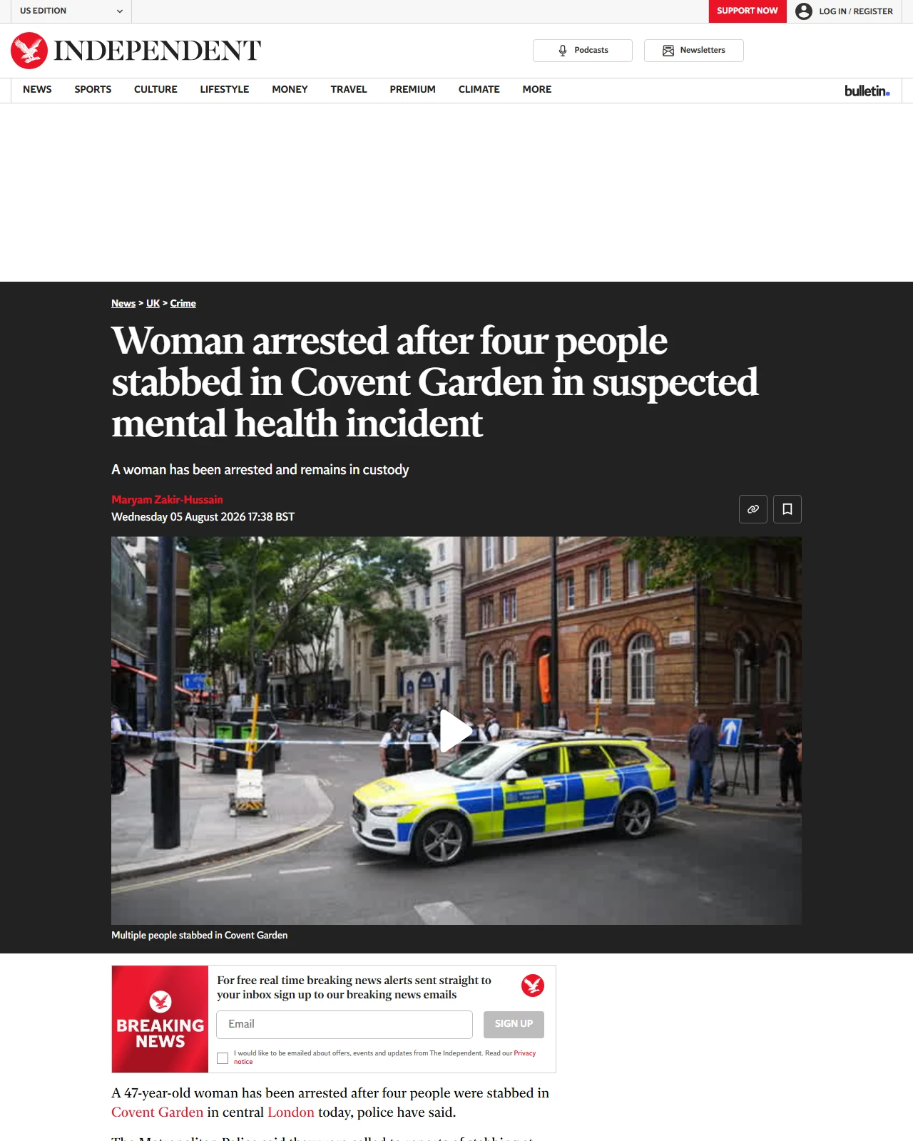 independent.co.uk as published: Woman arrested after four people stabbed in Covent Garden in suspected mental health incident