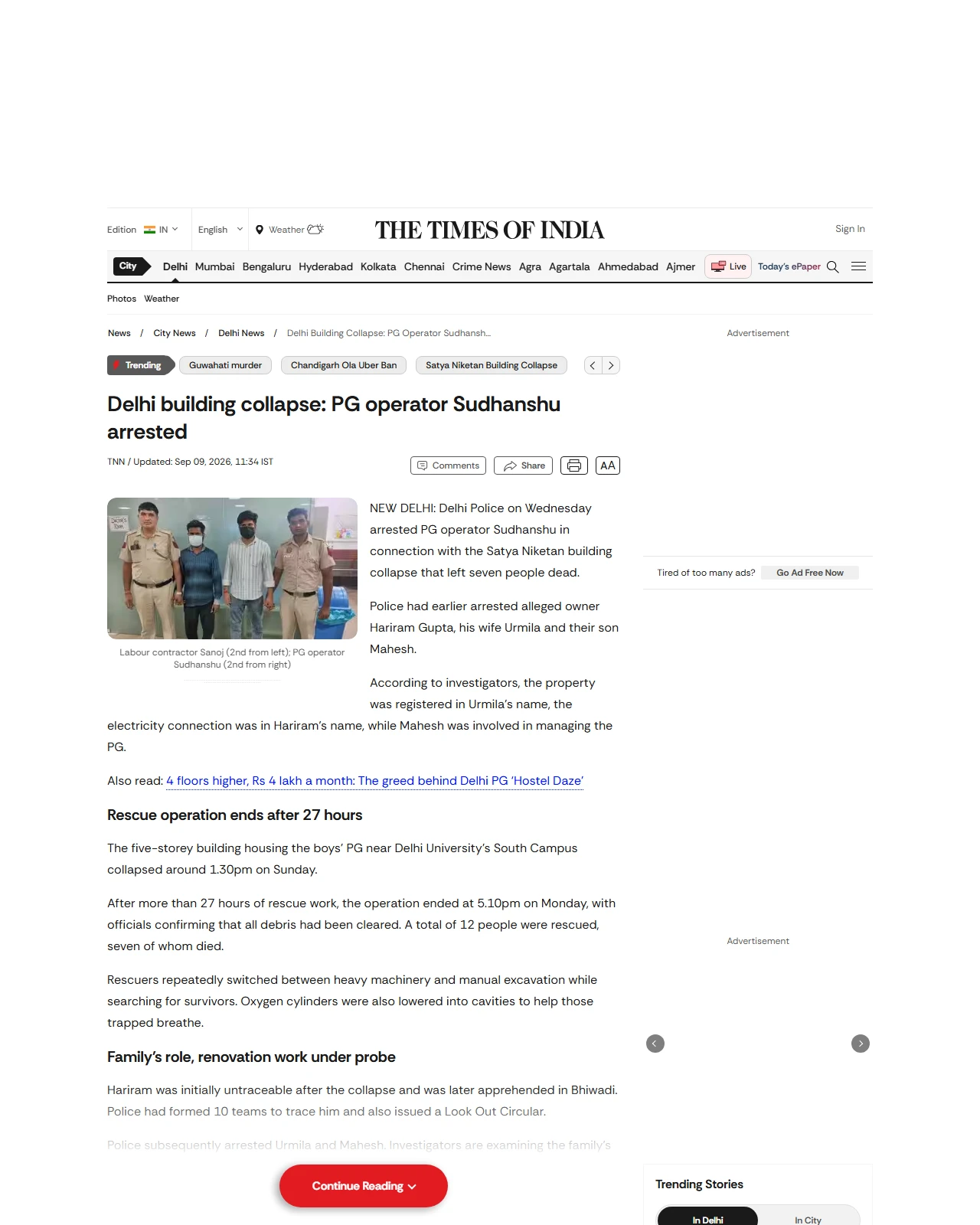 timesofindia.indiatimes.com as published: Delhi building collapse: PG operator Sudhanshu arrested