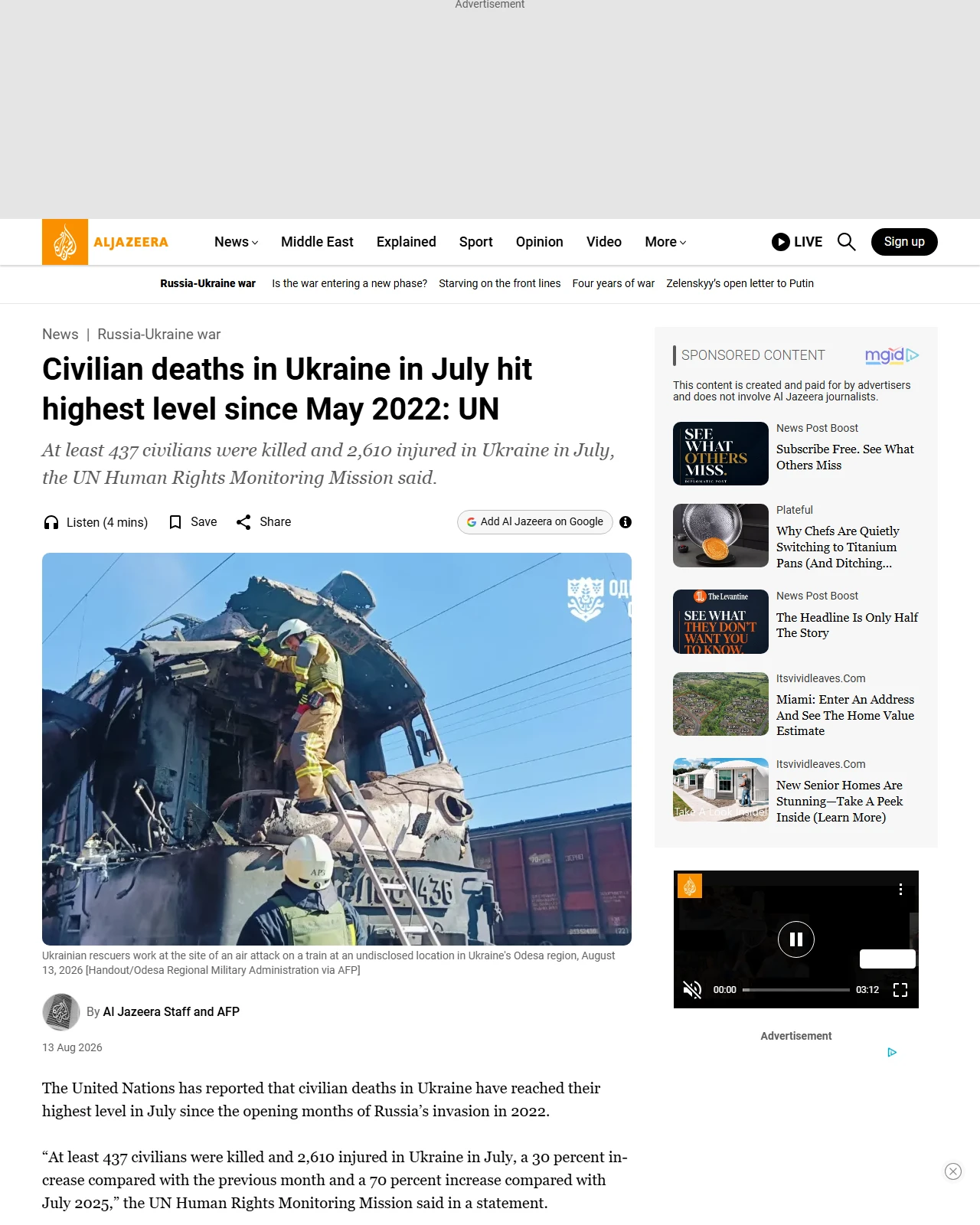 aljazeera.com as published: Civilian deaths in Ukraine in July hit highest level since May 2022: UN
