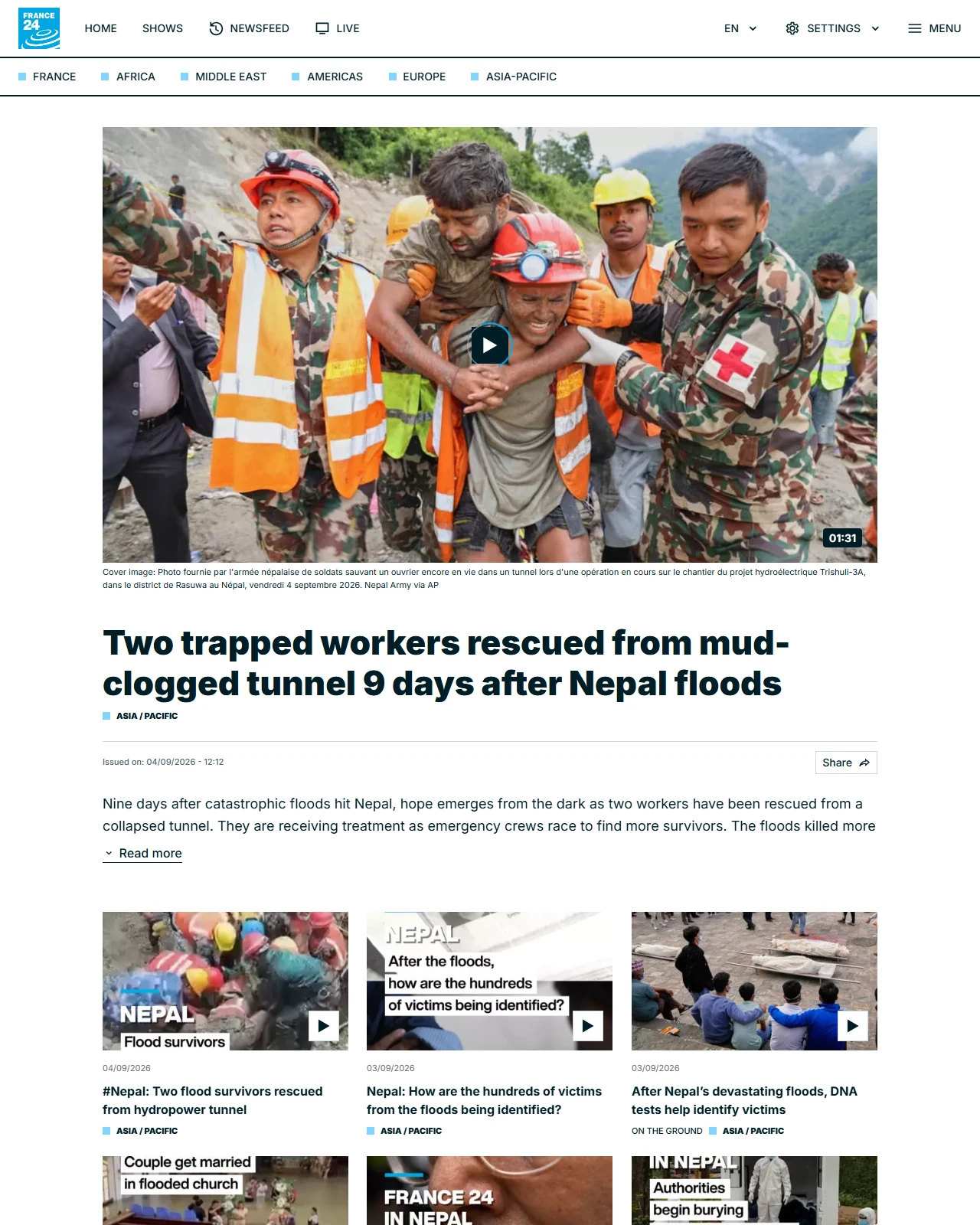 france24.com as published: Two trapped workers rescued from mud-clogged tunnel 9 days after Nepal floods