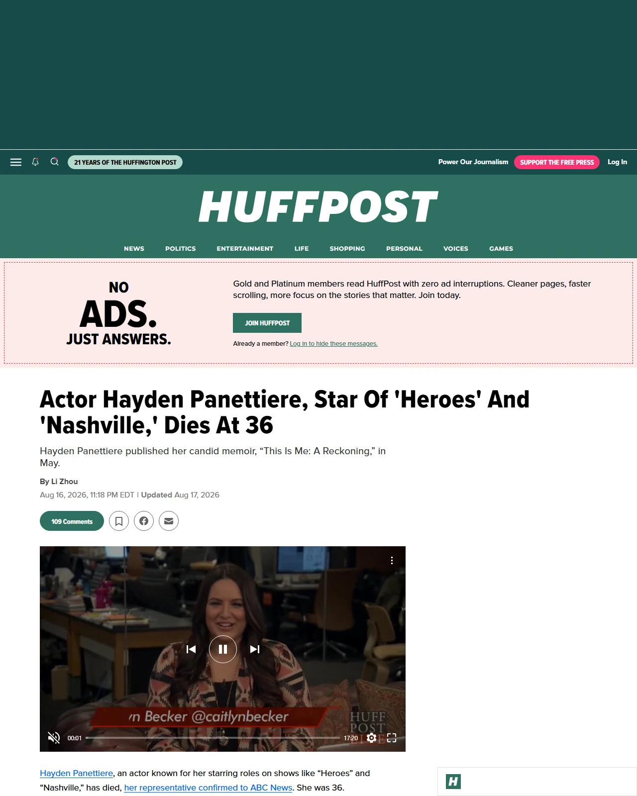 huffpost.com as published: Actor Hayden Panettiere, Star Of 'Heroes' And 'Nashville,' Dies At 36