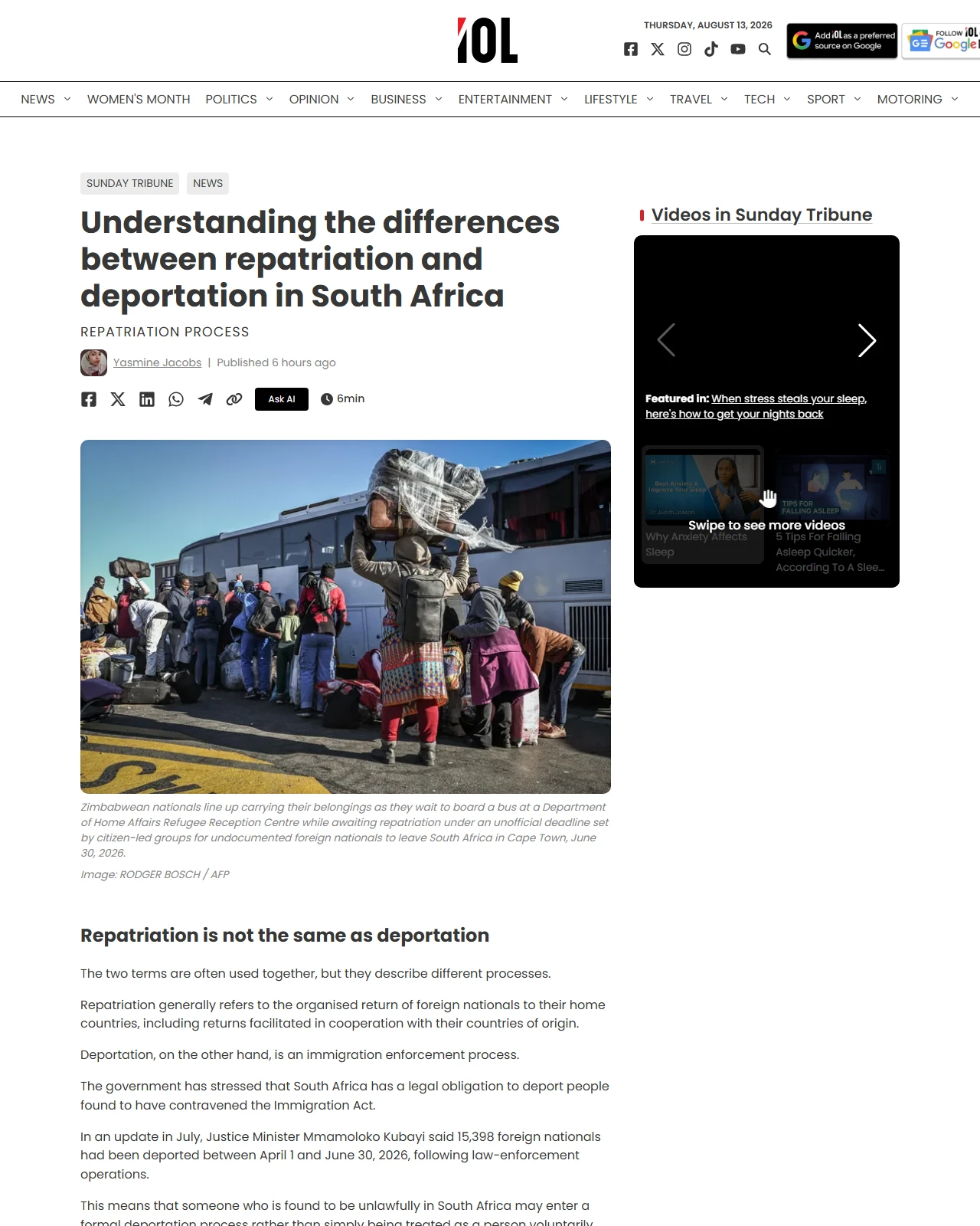iol.co.za as published: Understanding the differences between repatriation and deportation in South Africa