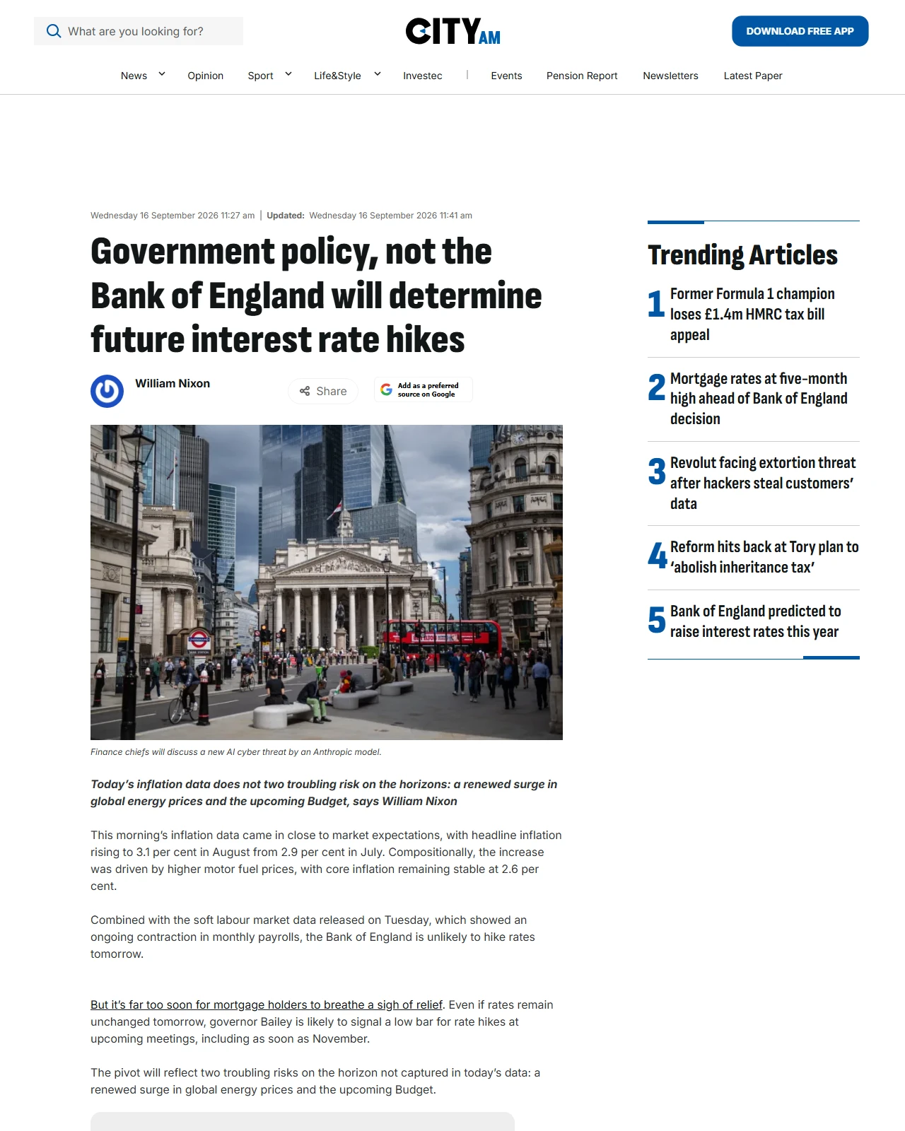 cityam.com as published: Government policy, not the Bank of England will determine future interest rate hikes