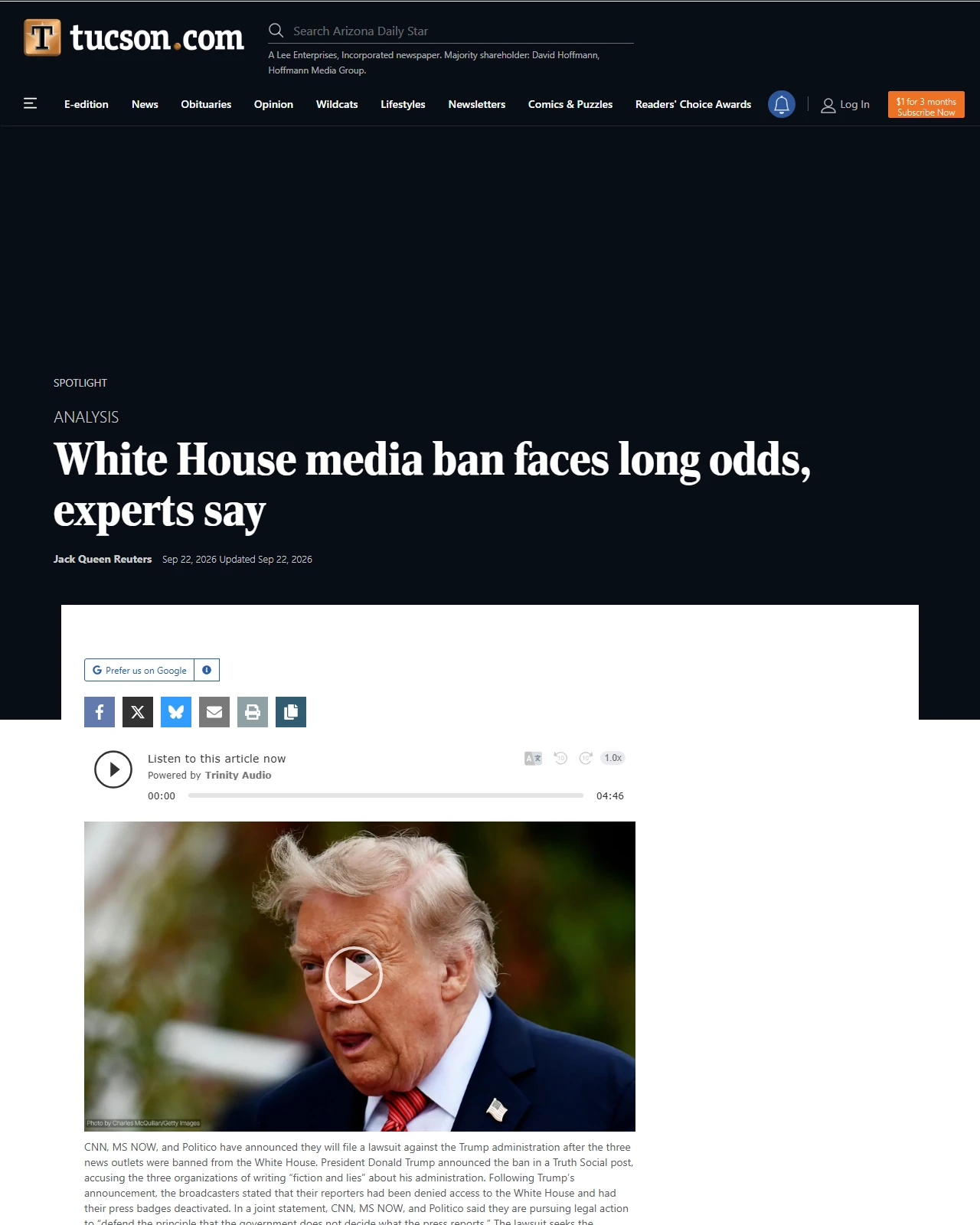 tucson.com as published: White House media ban faces long odds, experts say