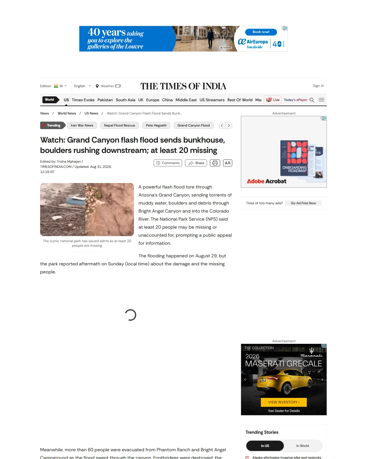 timesofindia.indiatimes.com as published: Video: Powerful flash flood ravages Grand Canyon; 20 missing, 60 evacuated