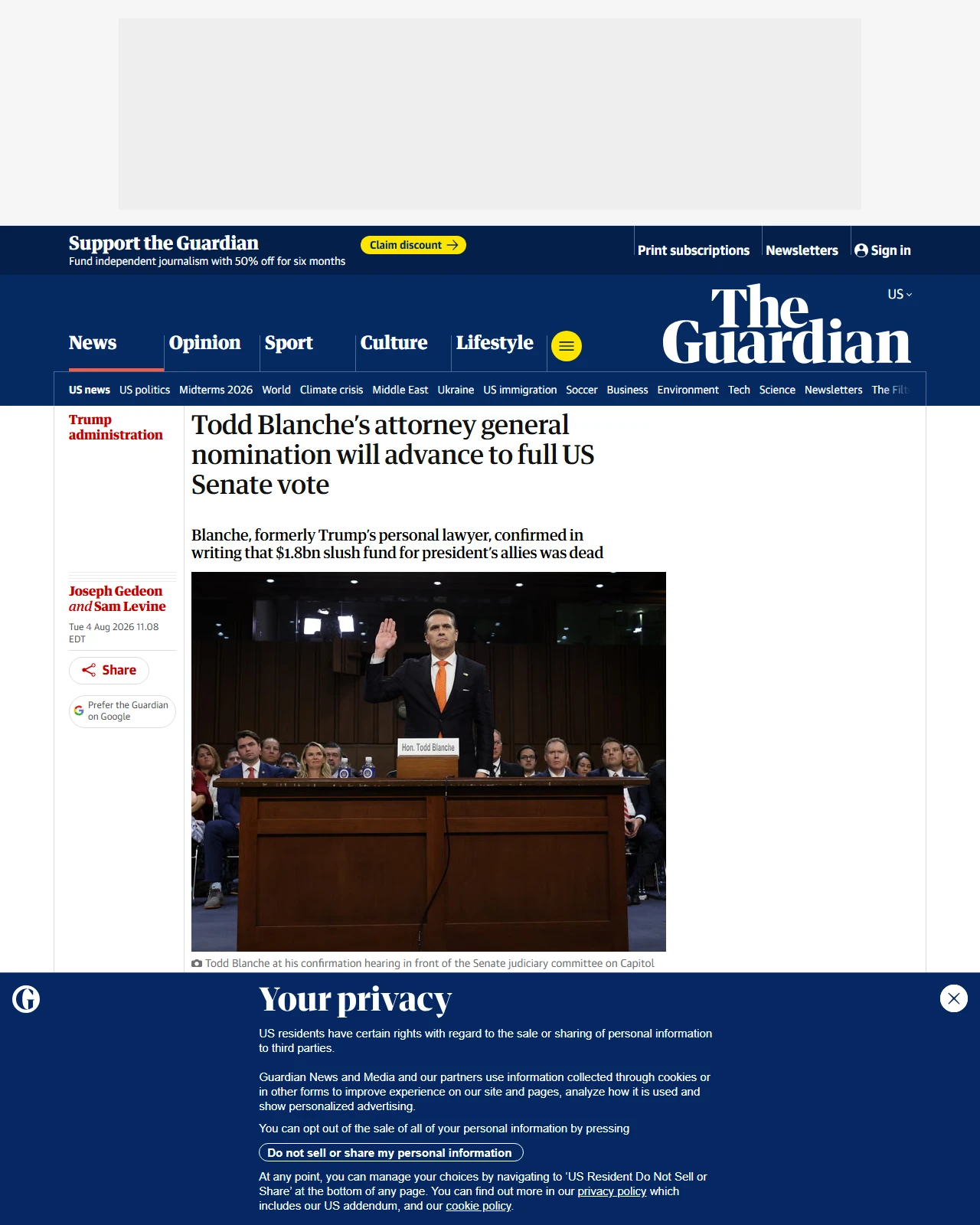 theguardian.com as published: Todd Blanche’s attorney general nomination will advance to full US Senate vote