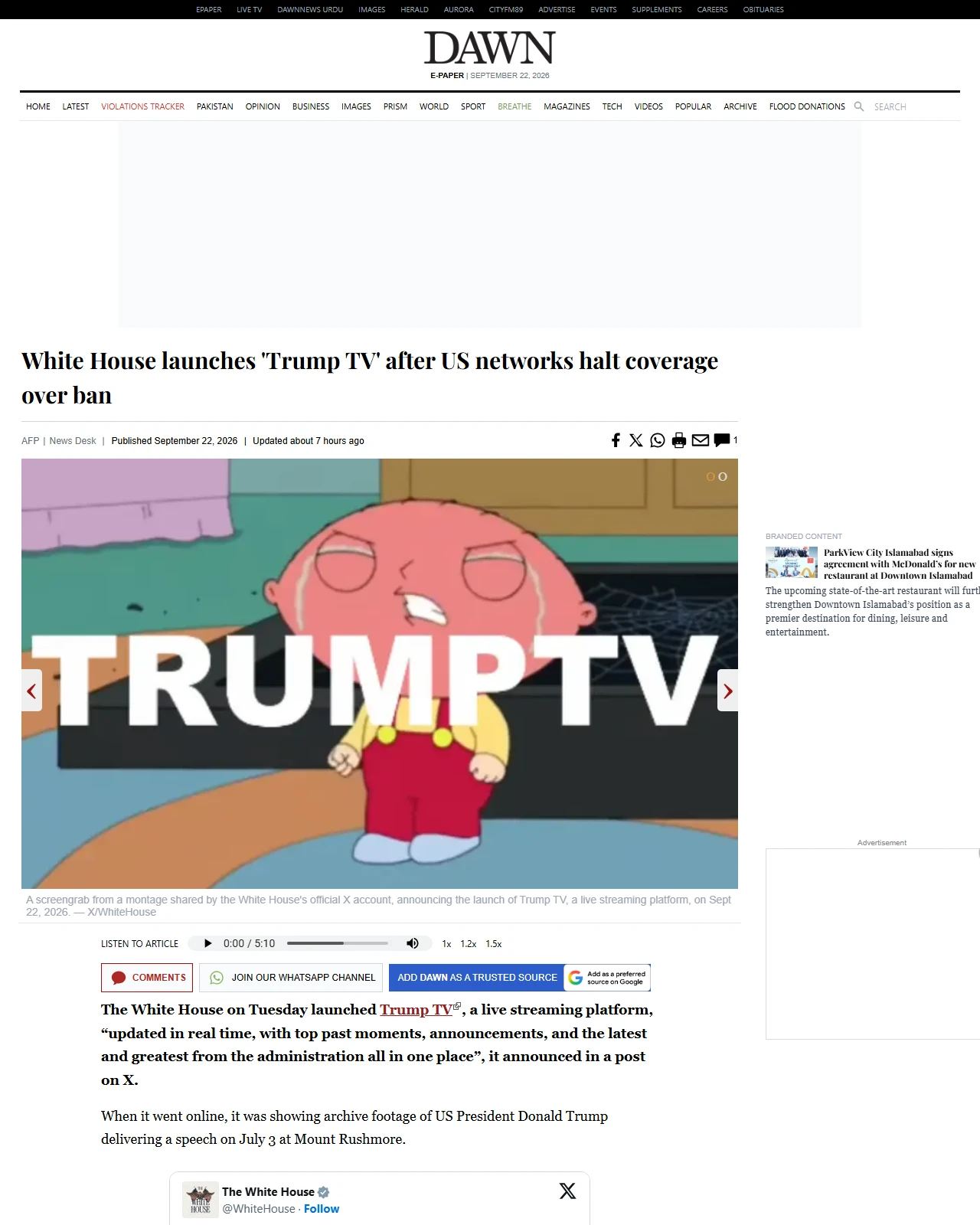 dawn.com as published: White House launches 'Trump TV' after US networks halt coverage over ban