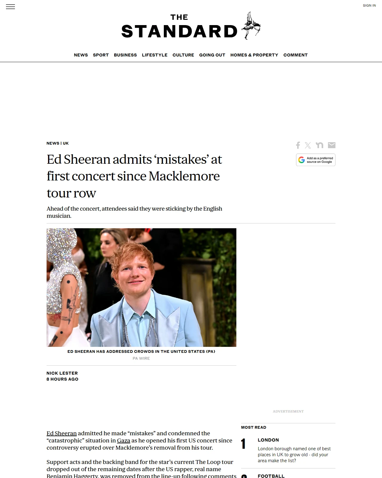 standard.co.uk as published: Ed Sheeran admits ‘mistakes’ at first concert since Macklemore tour row