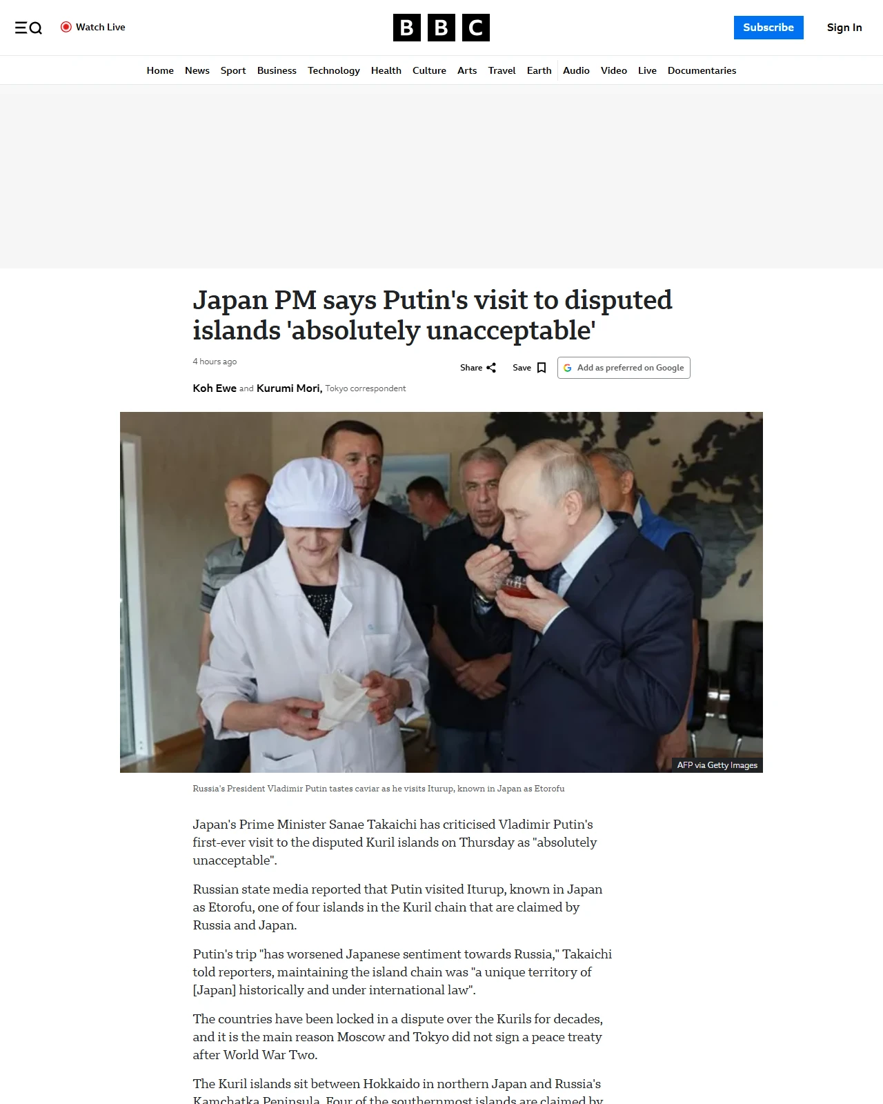 bbc.co.uk as published: Japan PM says Putin's visit to disputed islands 'absolutely unacceptable'