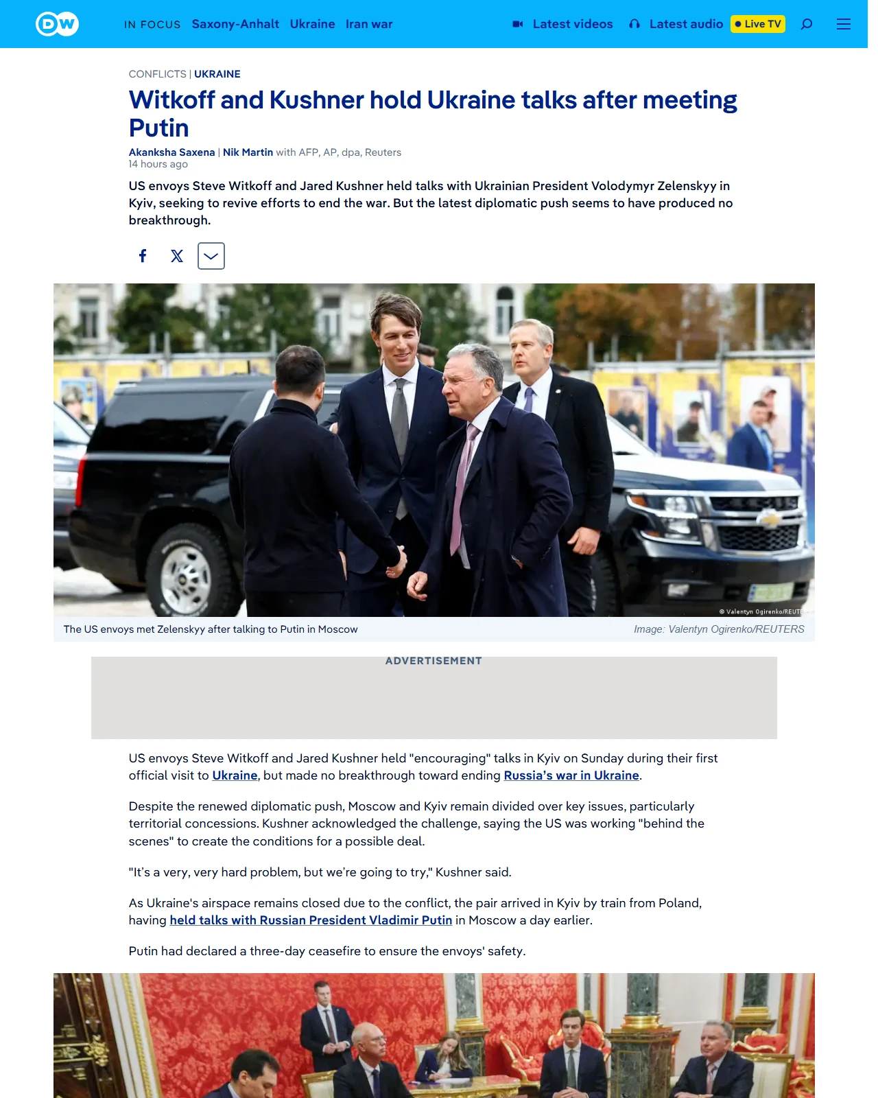 dw.com as published: US envoys Witkoff and Kushner hold Ukraine talks after meeting Putin