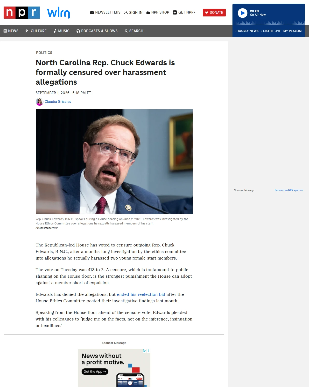 npr.org as published: North Carolina Rep. Chuck Edwards is formally censured over harassment allegations