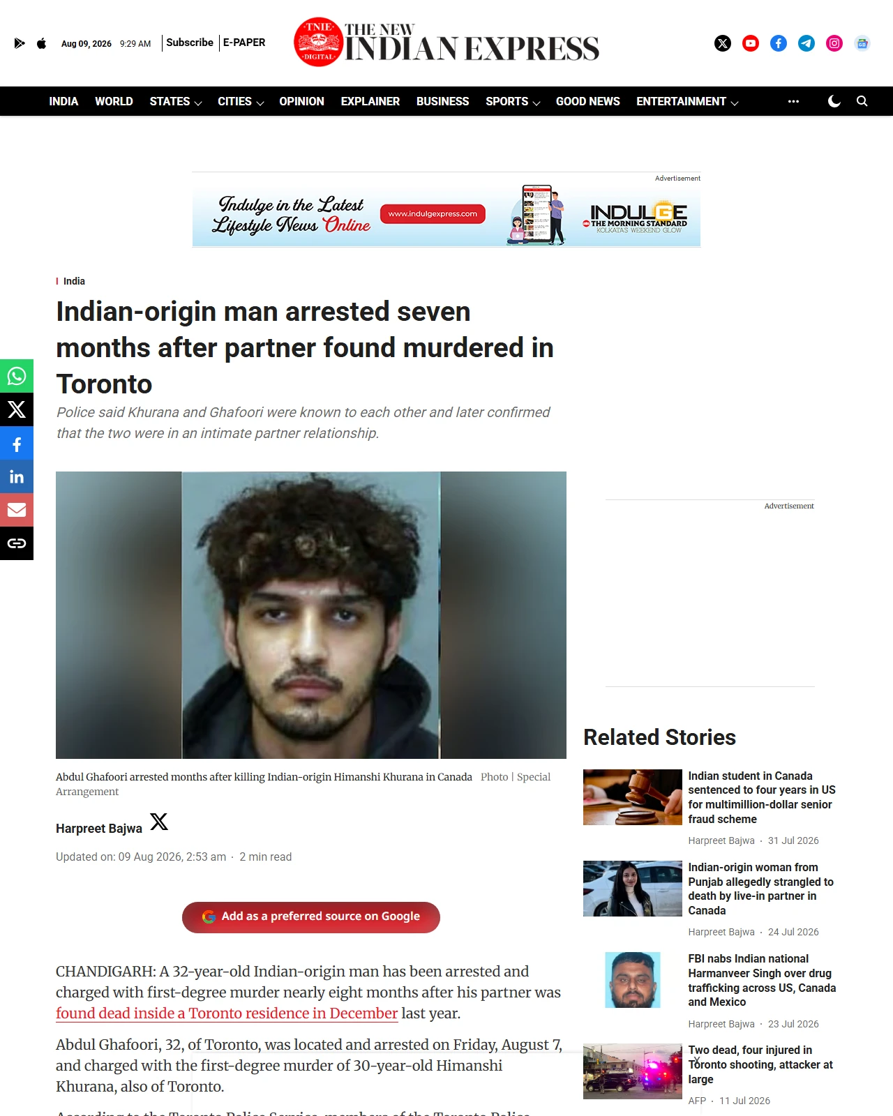 newindianexpress.com as published: Indian-origin man arrested seven months after partner found murdered in Toronto