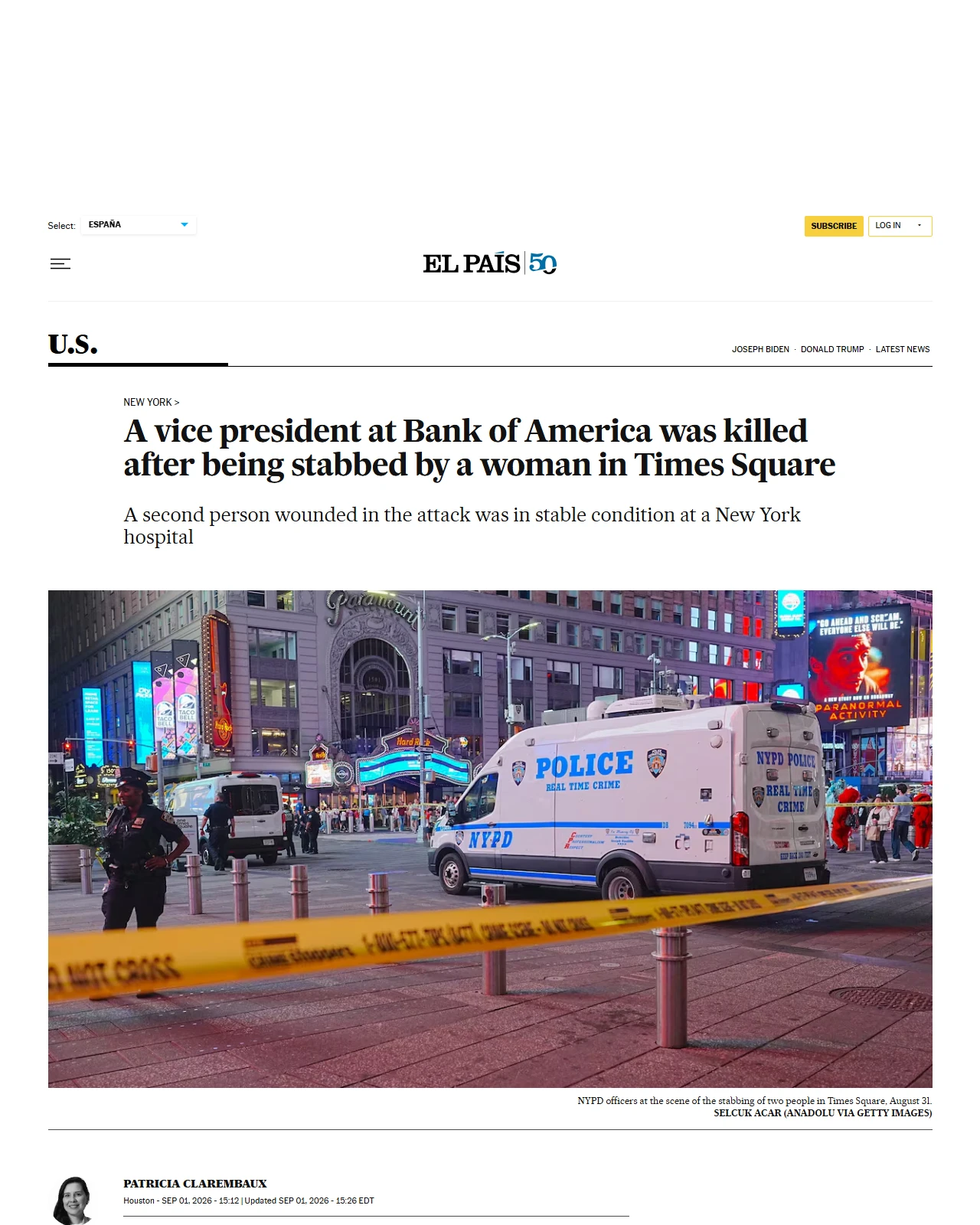 english.elpais.com as published: A vice president at Bank of America was killed after being stabbed by a woman in Times Square