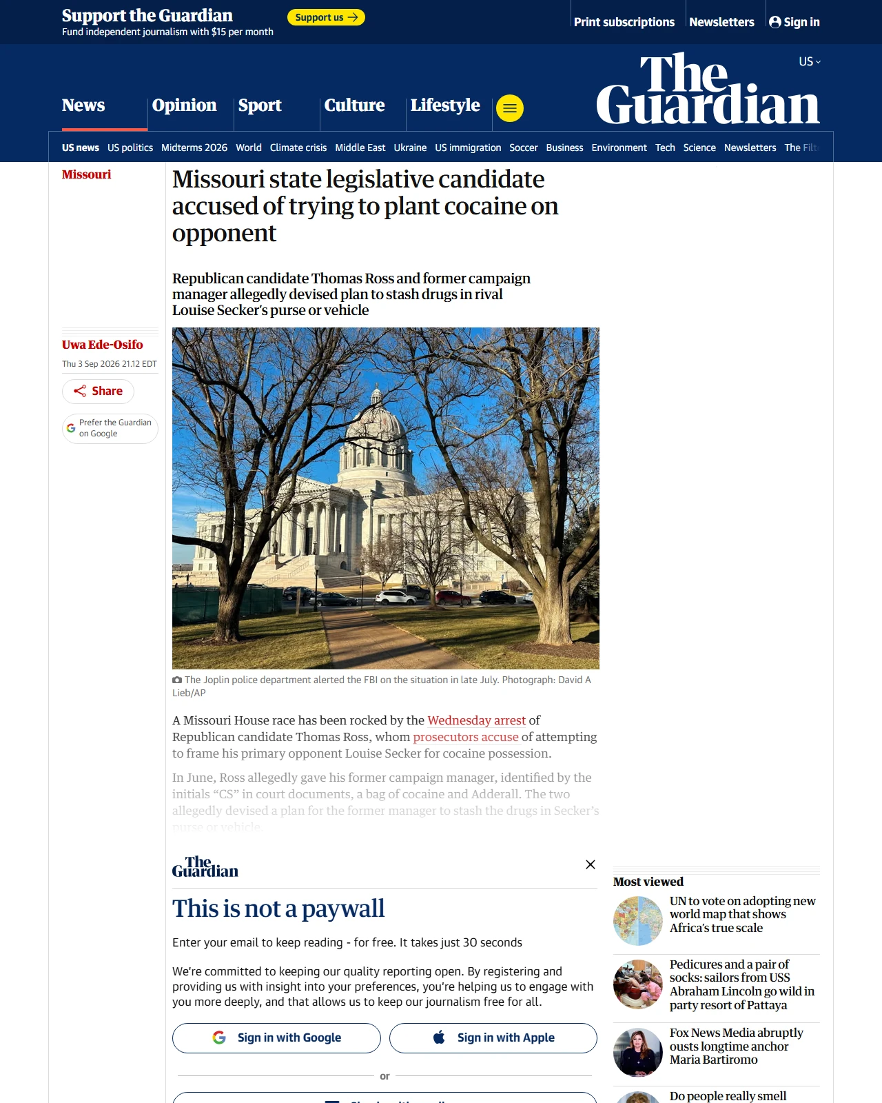 theguardian.com as published: Missouri state legislative candidate accused of trying to plant cocaine on opponent