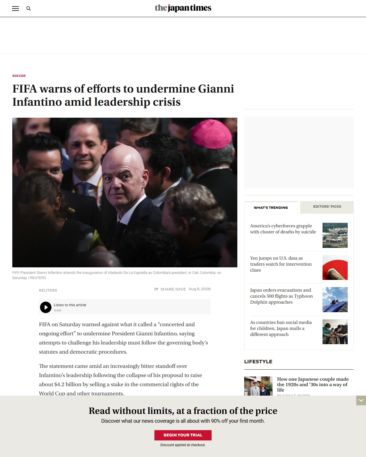japantimes.co.jp as published: FIFA warns of efforts to undermine Gianni Infantino amid leadership crisis