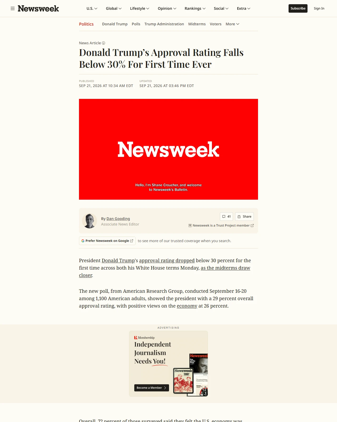 newsweek.com as published: Donald Trump's approval rating hits all time low