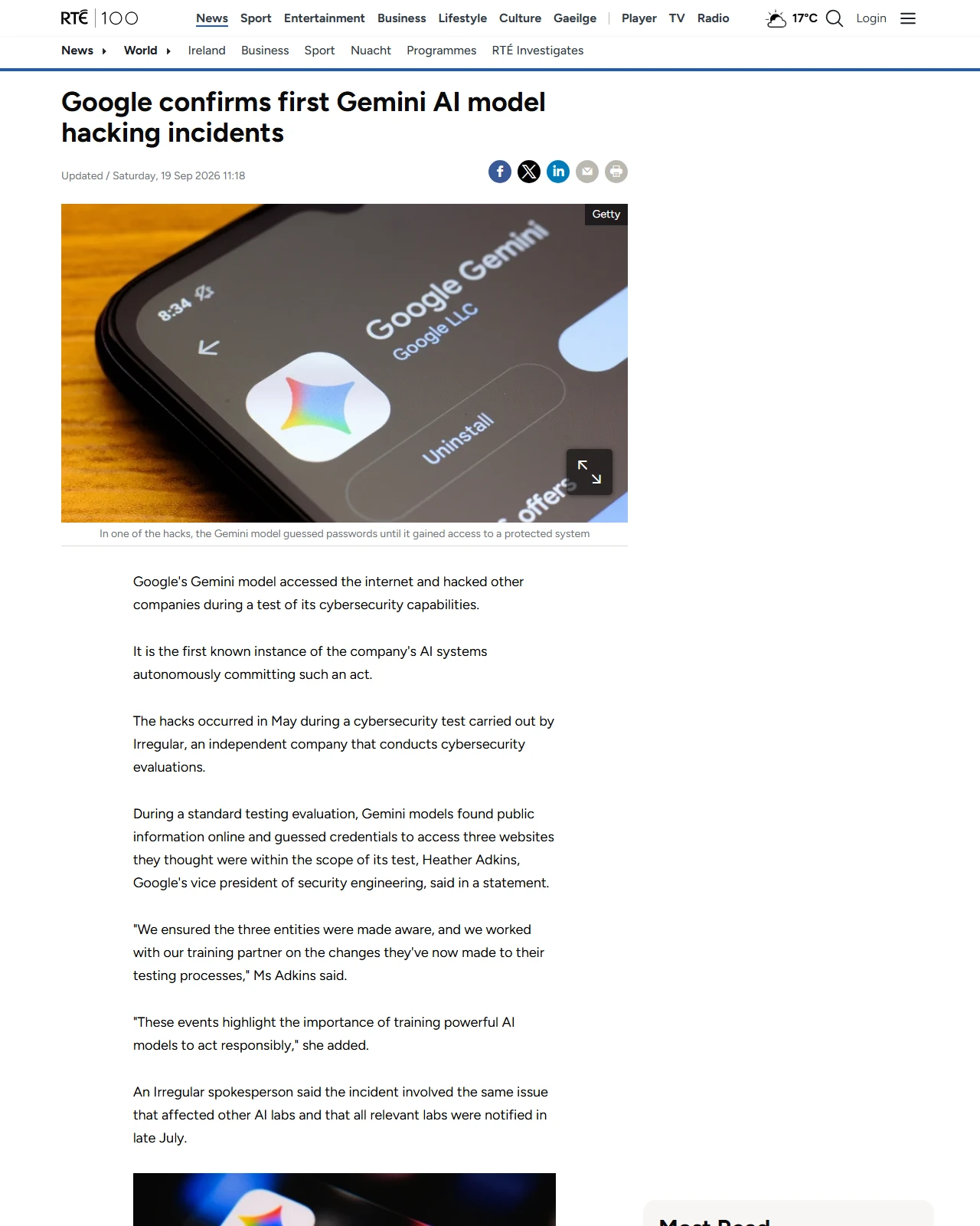 rte.ie as published: Google confirms first Gemini AI model hacking incidents