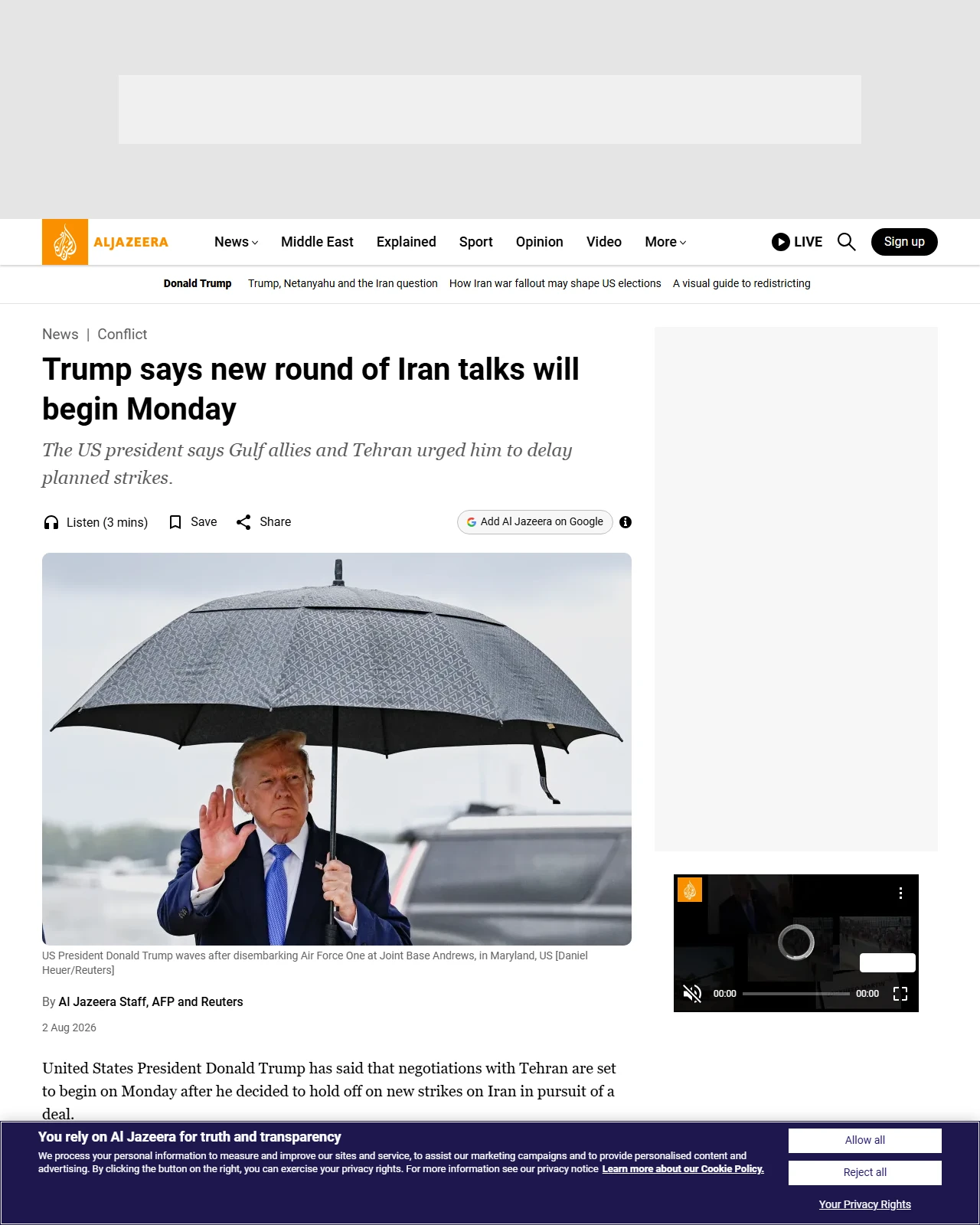 aljazeera.com as published: Trump says new round of Iran talks will begin Monday