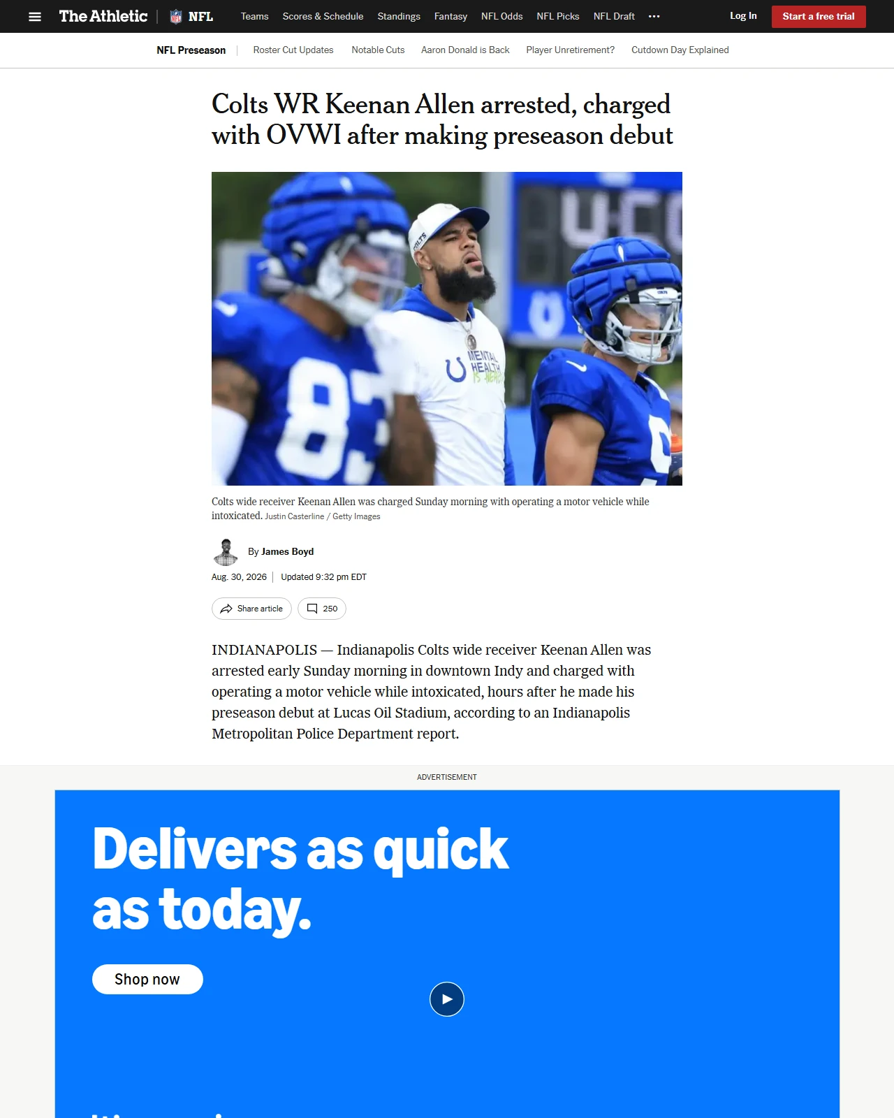 nytimes.com as published: Colts WR Keenan Allen arrested, charged with OVWI after making preseason debut