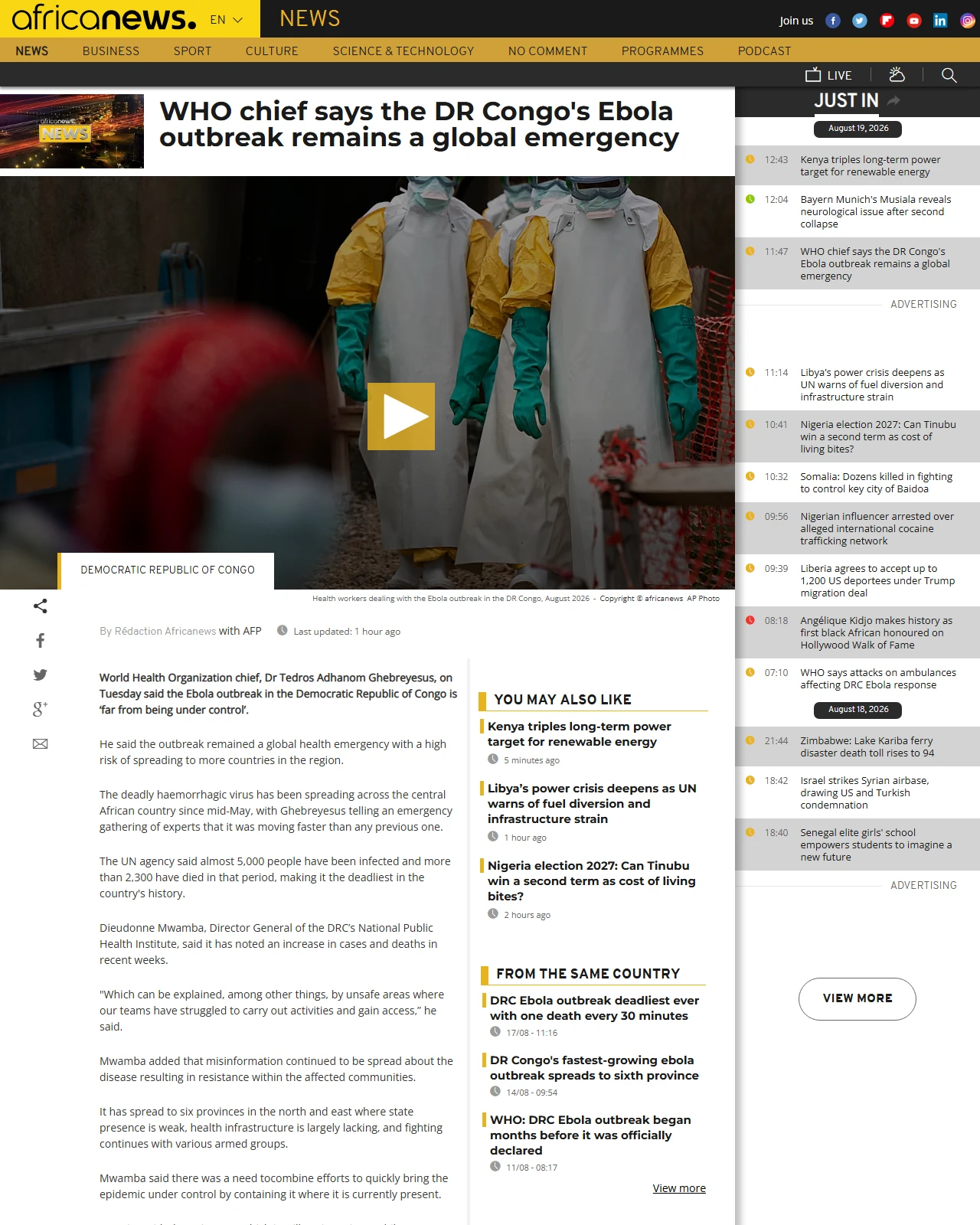 africanews.com as published: WHO chief says the DR Congo's Ebola outbreak remains a global emergency