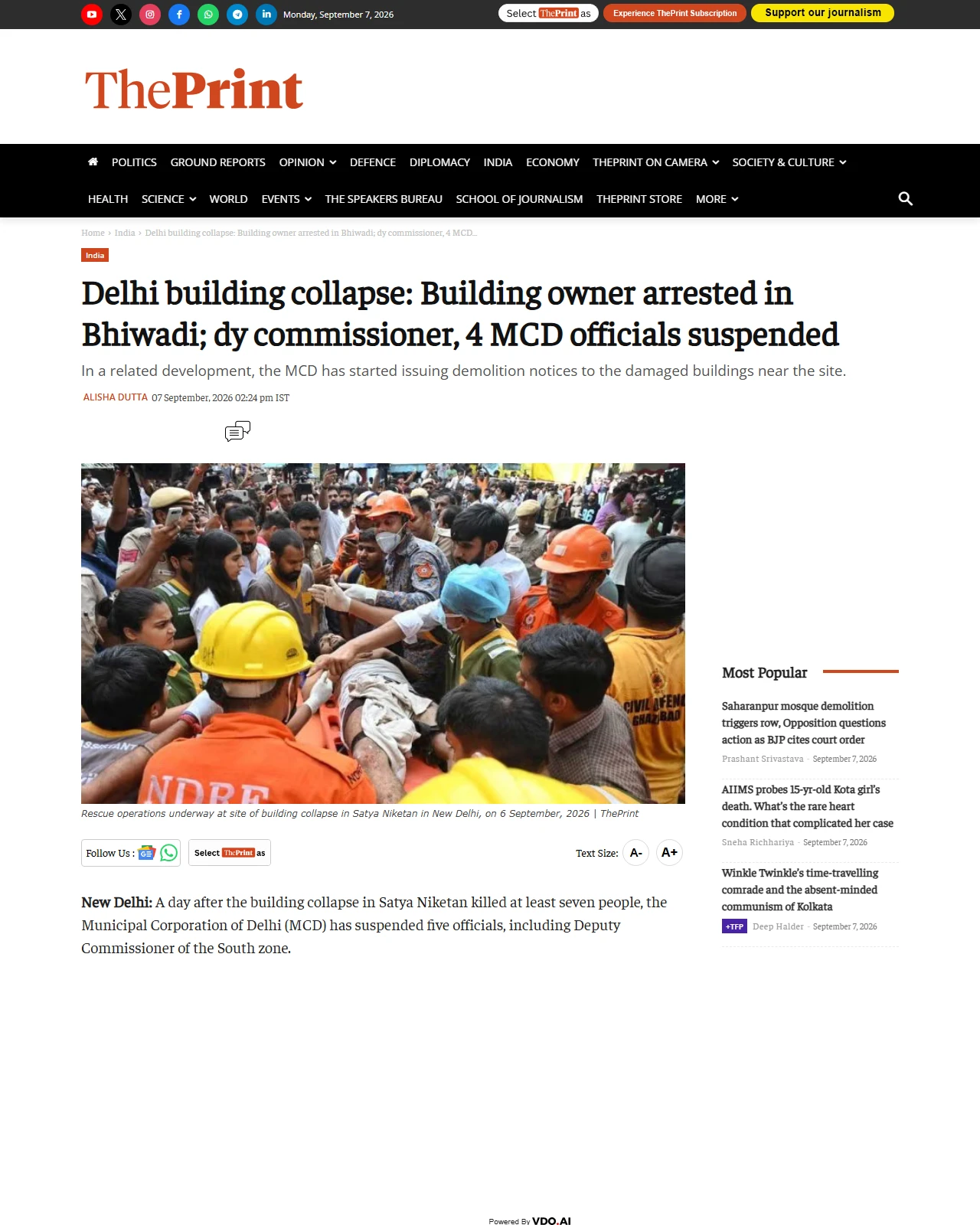 theprint.in as published: Delhi building collapse: Building owner arrested in Bhiwadi; dy commissioner, 4 MCD officials suspended