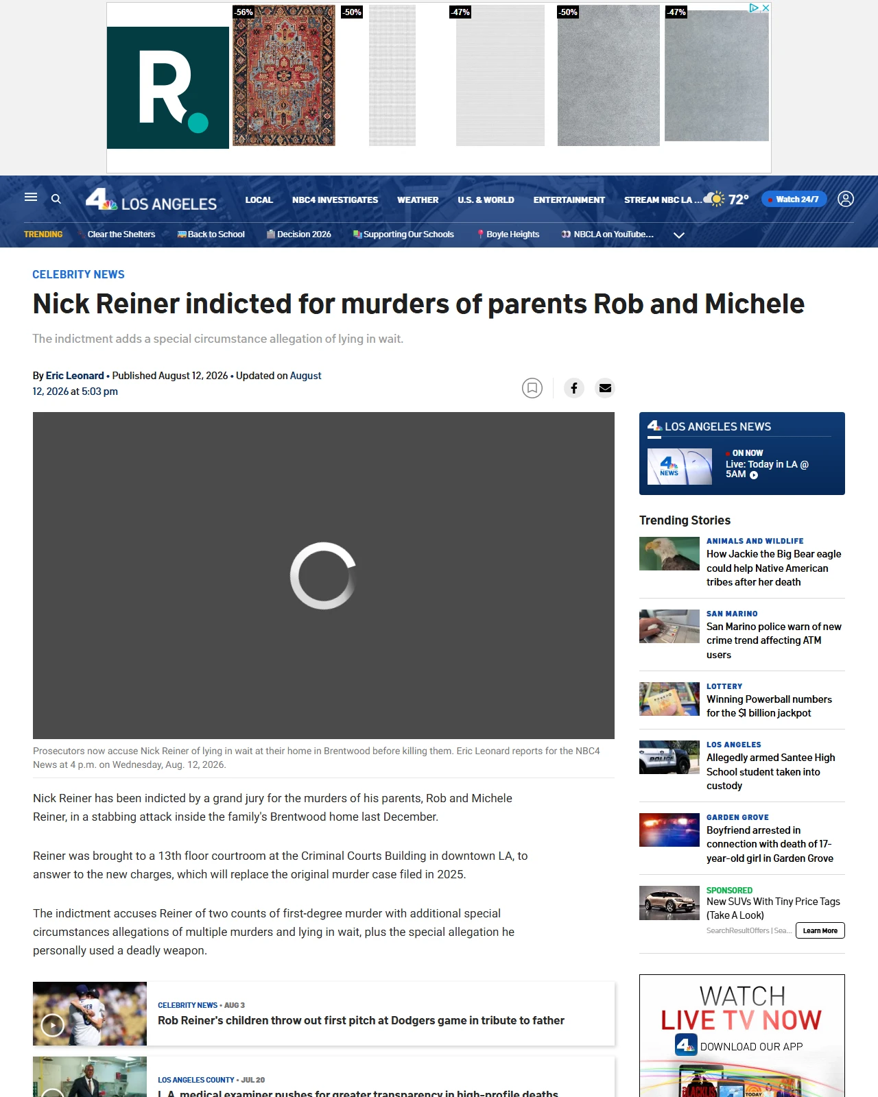 nbclosangeles.com as published: Nick Reiner indicted for murders of parents Rob and Michele