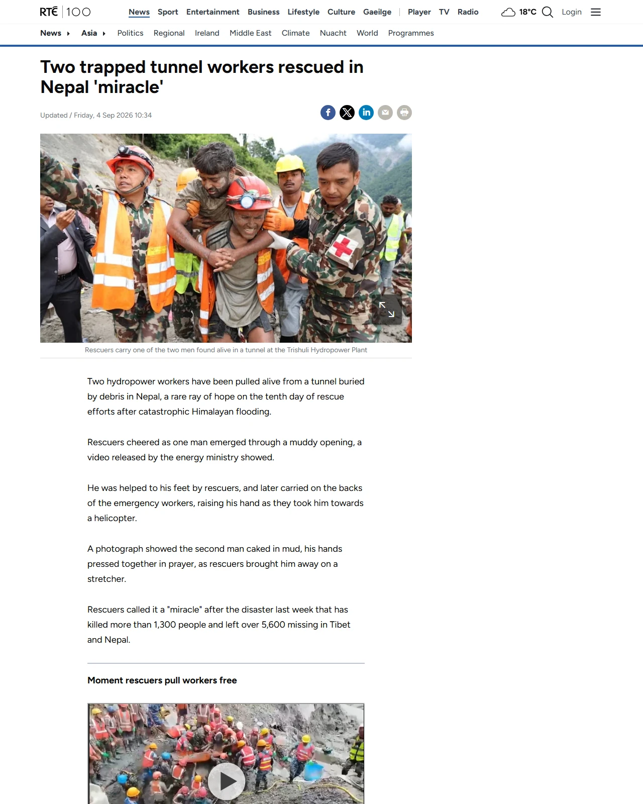 rte.ie as published: Two trapped tunnel workers rescued in Nepal 'miracle'