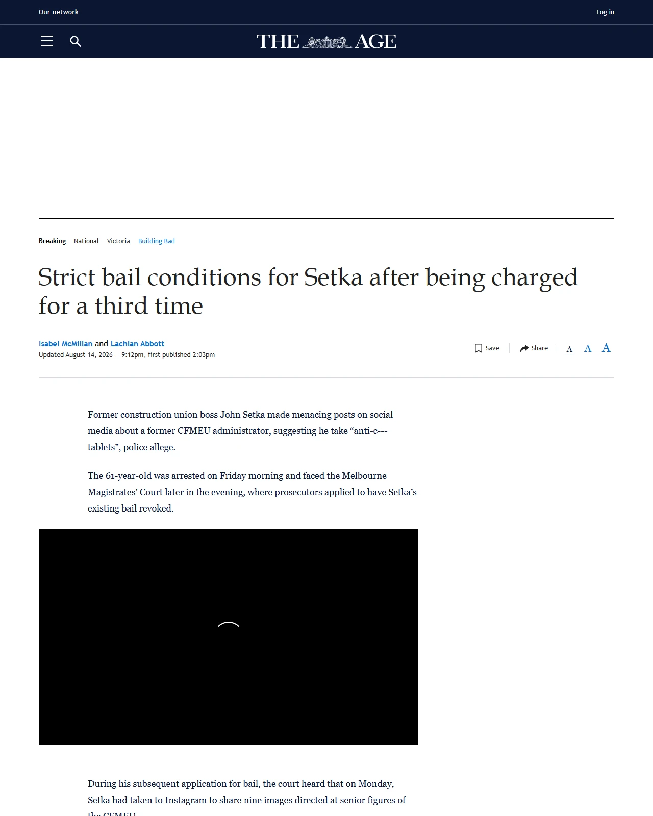 theage.com.au as published: John Setka charged for a third time over alleged threats to CFMEU administrators