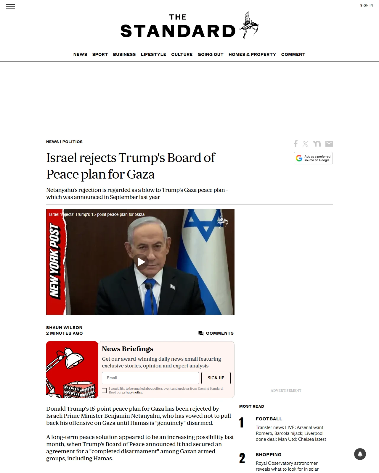 standard.co.uk as published: Israel rejects Trump's Board of Peace plan for Gaza