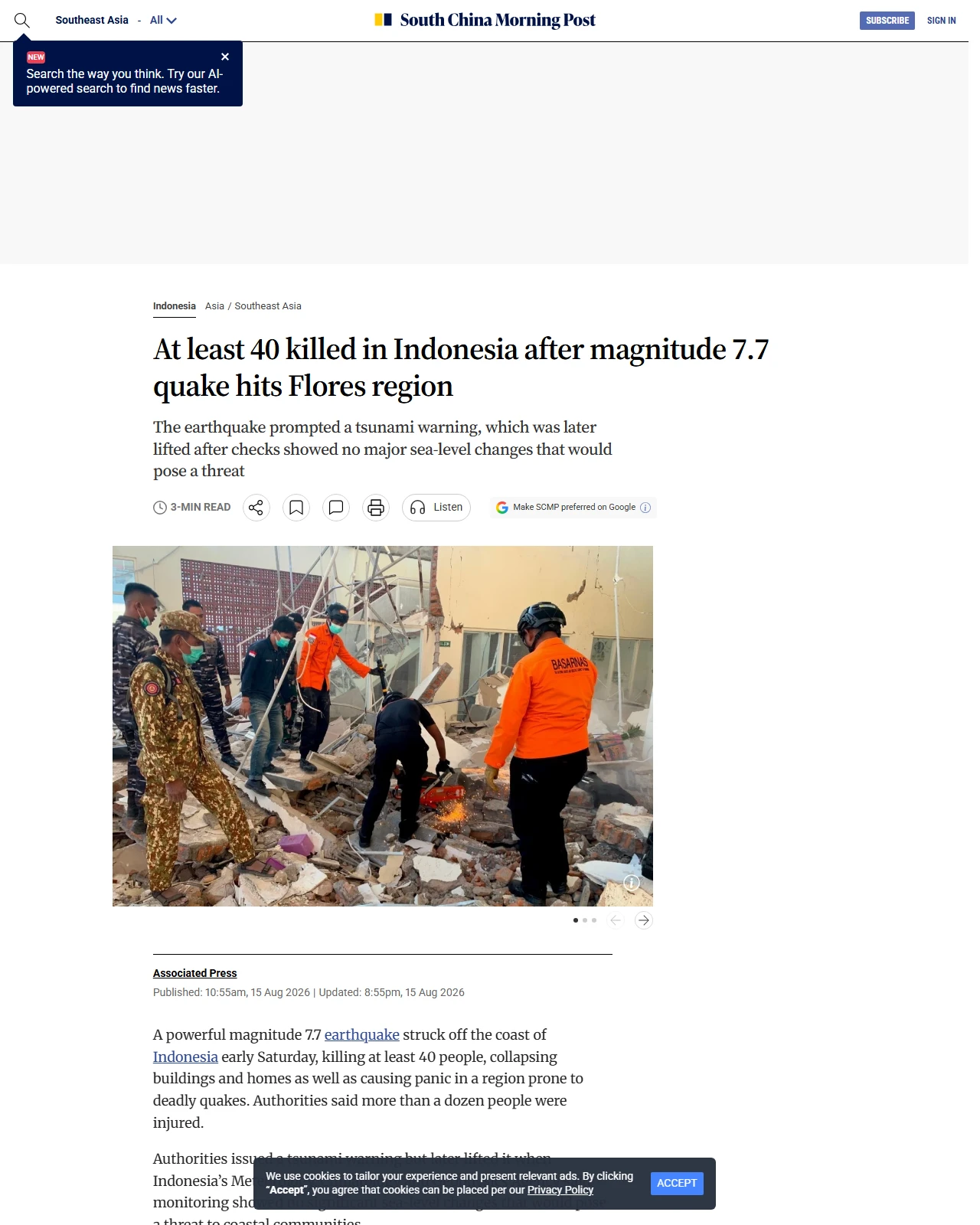 scmp.com as published: At least 40 killed in Indonesia after magnitude 7.7 quake hits Flores region