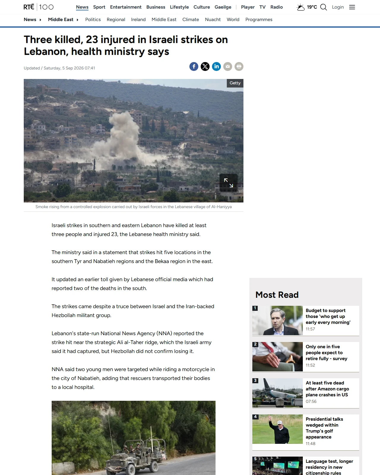 rte.ie as published: Three killed, 23 injured in Israeli strikes on Lebanon